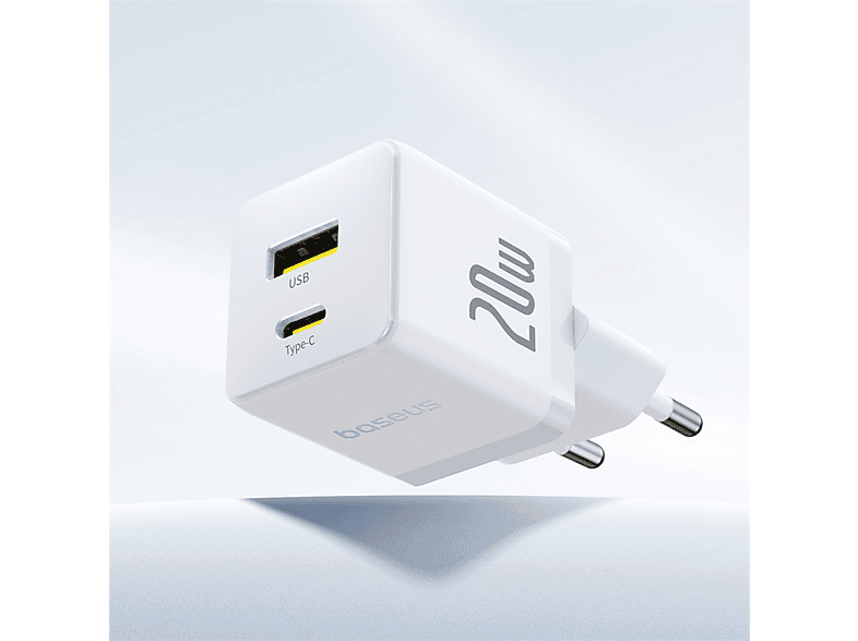 Cargador de pared - Baseus PALM, 20W, USB y Tipo-C, Kit con cable Tipo-C 100 cm, Universal, Blanco – imagen 2