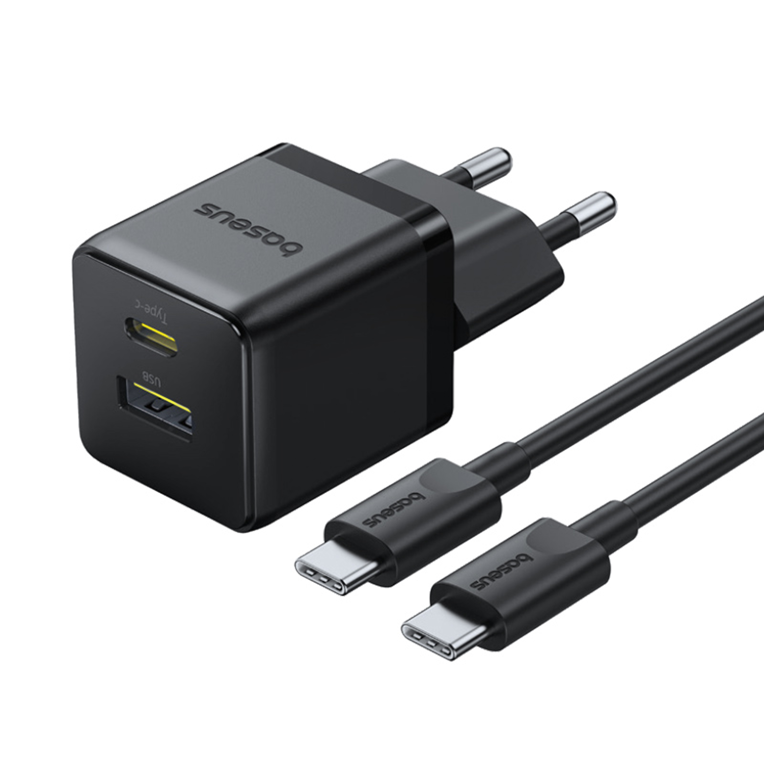 Cargador Baseus negro con dos puertos USB, dos cables y enchufe. Los cables y el cargador tienen la marca Baseus.
