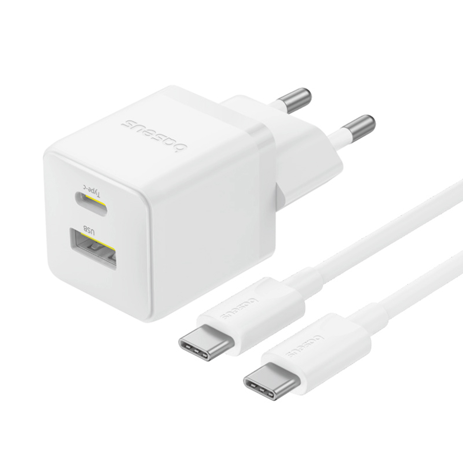 Un cargador USB Baseus blanco con un puerto Type-C y USB, más un cable blanco con dos conectores Type-C.