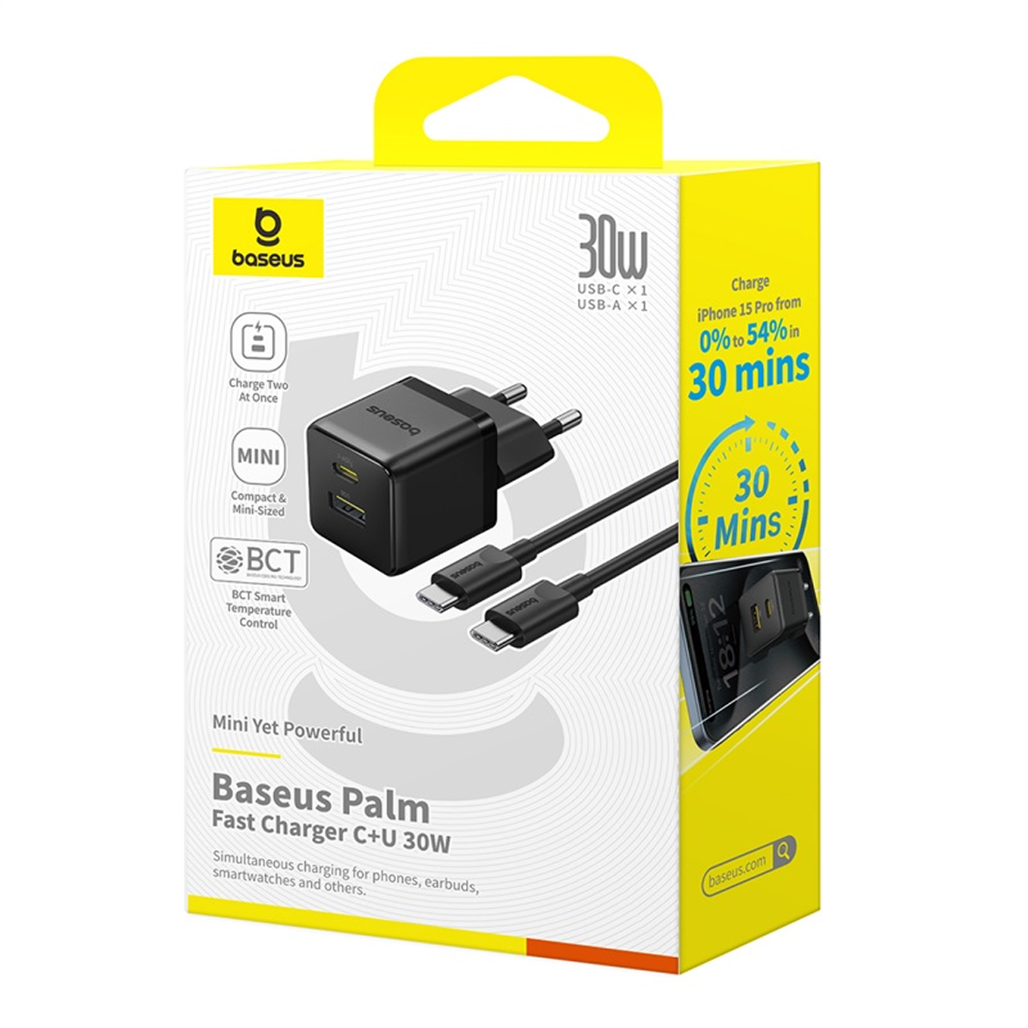 Cargador rápido Baseus Palm C+U 30W. Cargador negro y cables en caja amarilla y blanca. Carga iPhone 15 Pro.