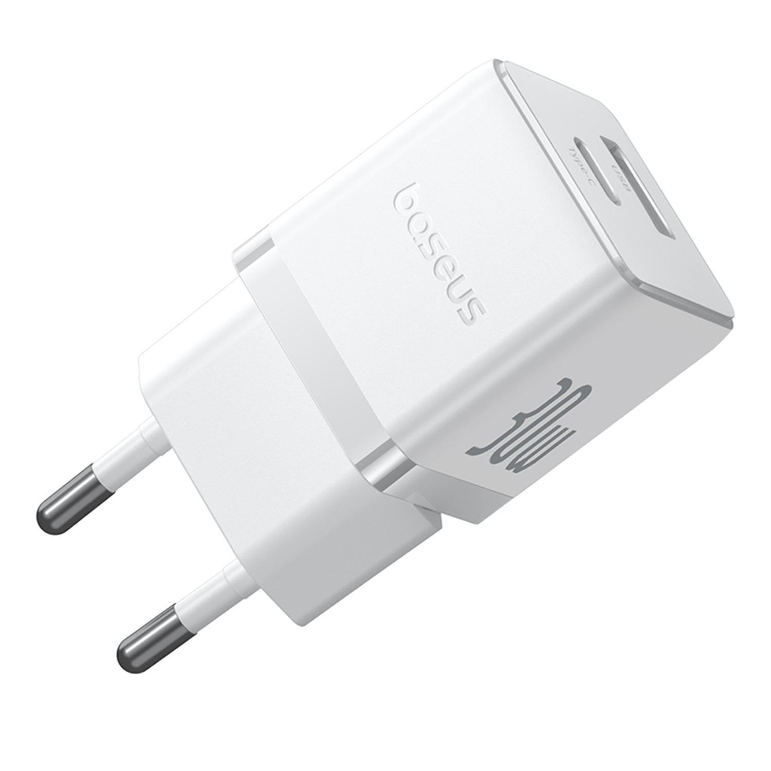 Un cargador Baseus 30W blanco con puerto Tipo-C y enchufe europeo. El cargador es blanco con texto gris. El fondo es blanco.