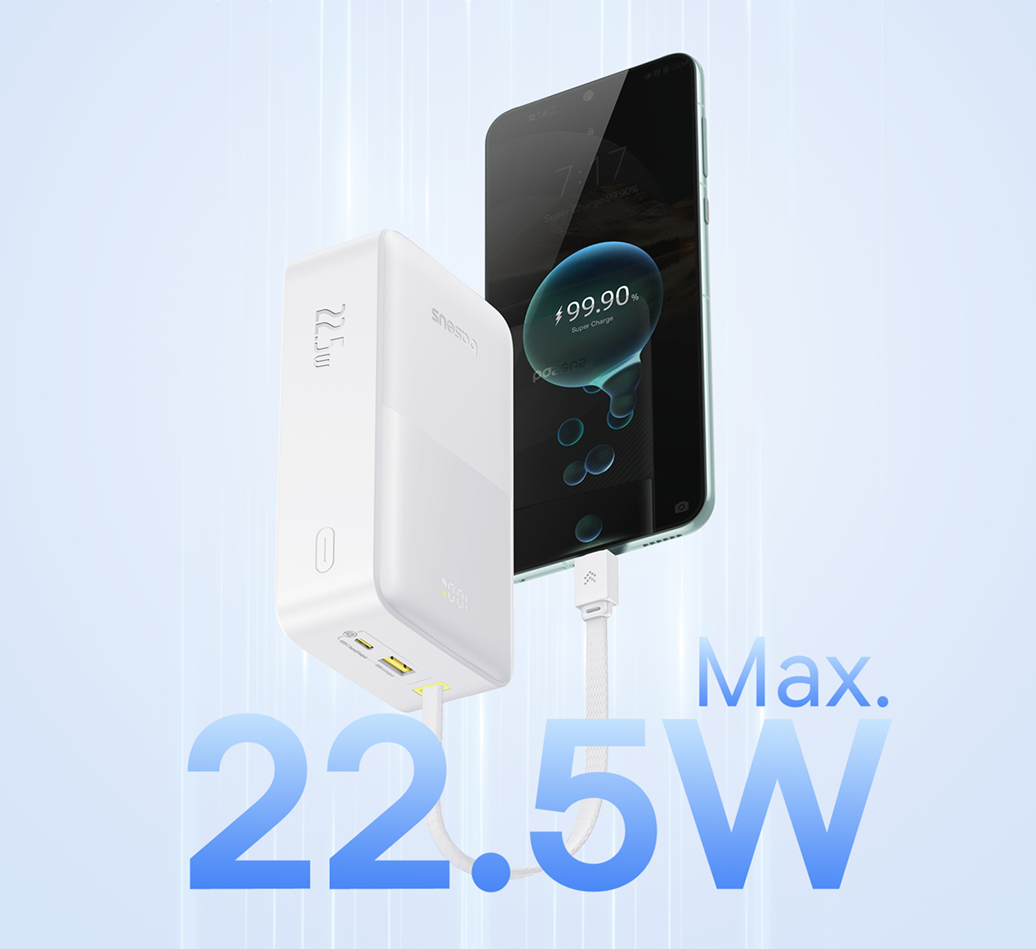 Un banco de energía blanco cargando un teléfono. El teléfono muestra un 99,90% de carga. El texto dice 'Max. 22.5W'.