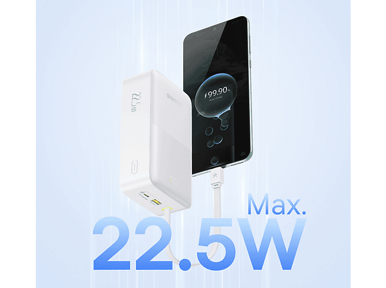 Powerbank - Baseus EnerFill Bipow 2 Pro, 30000mAh, 22.5W, Con cable retráctil Tipo-C, Carga bidireccional y simultánea, Pantalla inteligente, Blanco