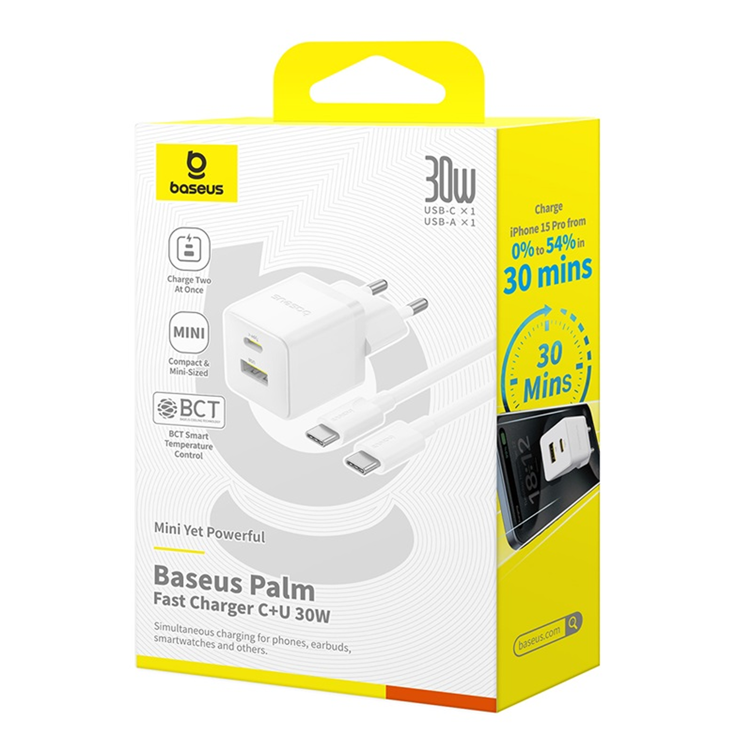 Cargador rápido Baseus Palm C+U 30W en caja amarilla. Carga iPhone 15 Pro de 0% a 54% en 30 min. Cargador blanco.