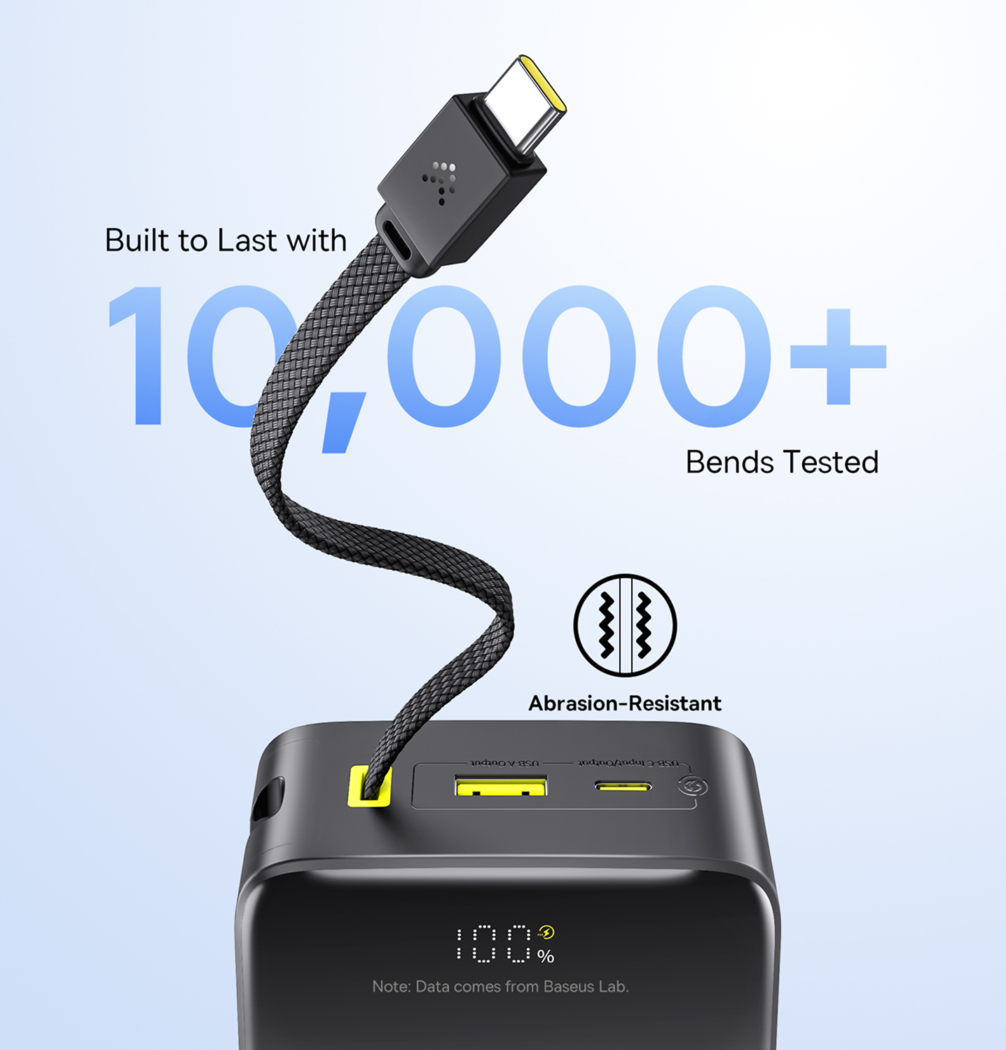 Un banco de energía negro con un cable negro conectado. El texto dice 'Construido para durar con más de 10,000 pruebas de flexión'. Cable resistente a la abrasión.