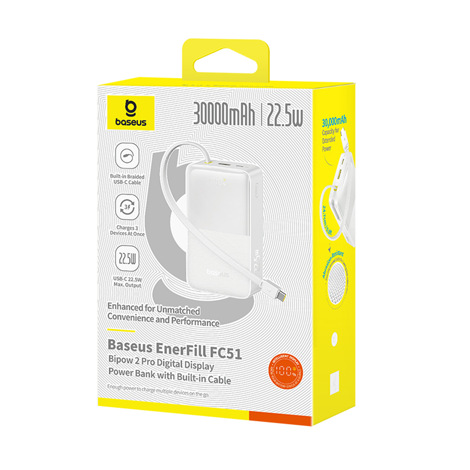 Caja del banco de energía Baseus EnerFill FC51. Banco de energía blanco con cable USB-C. La caja es amarilla y blanca.