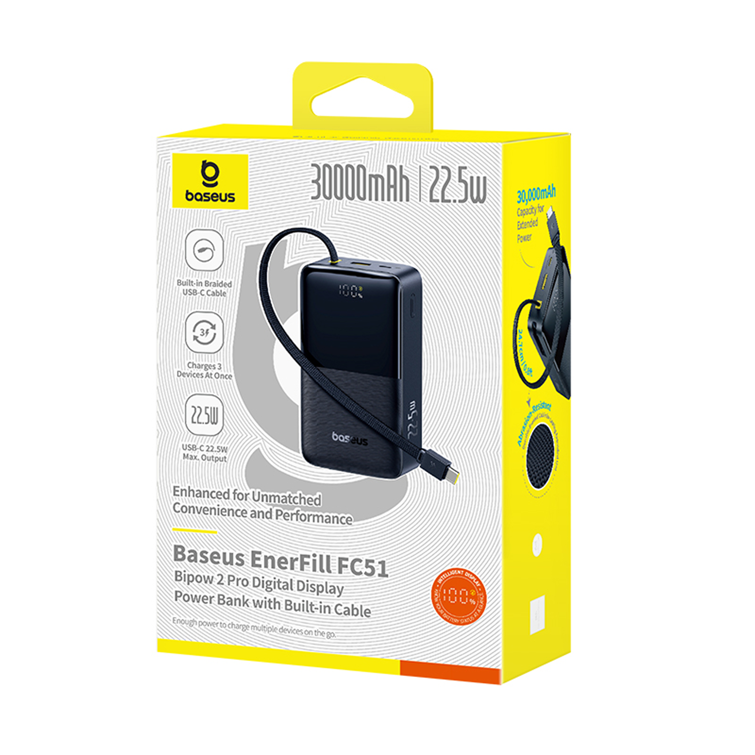 Una caja de batería externa Baseus EnerFill FC51. Es amarilla y negra, mostrando el producto y sus características, incluido un cable USB-C.