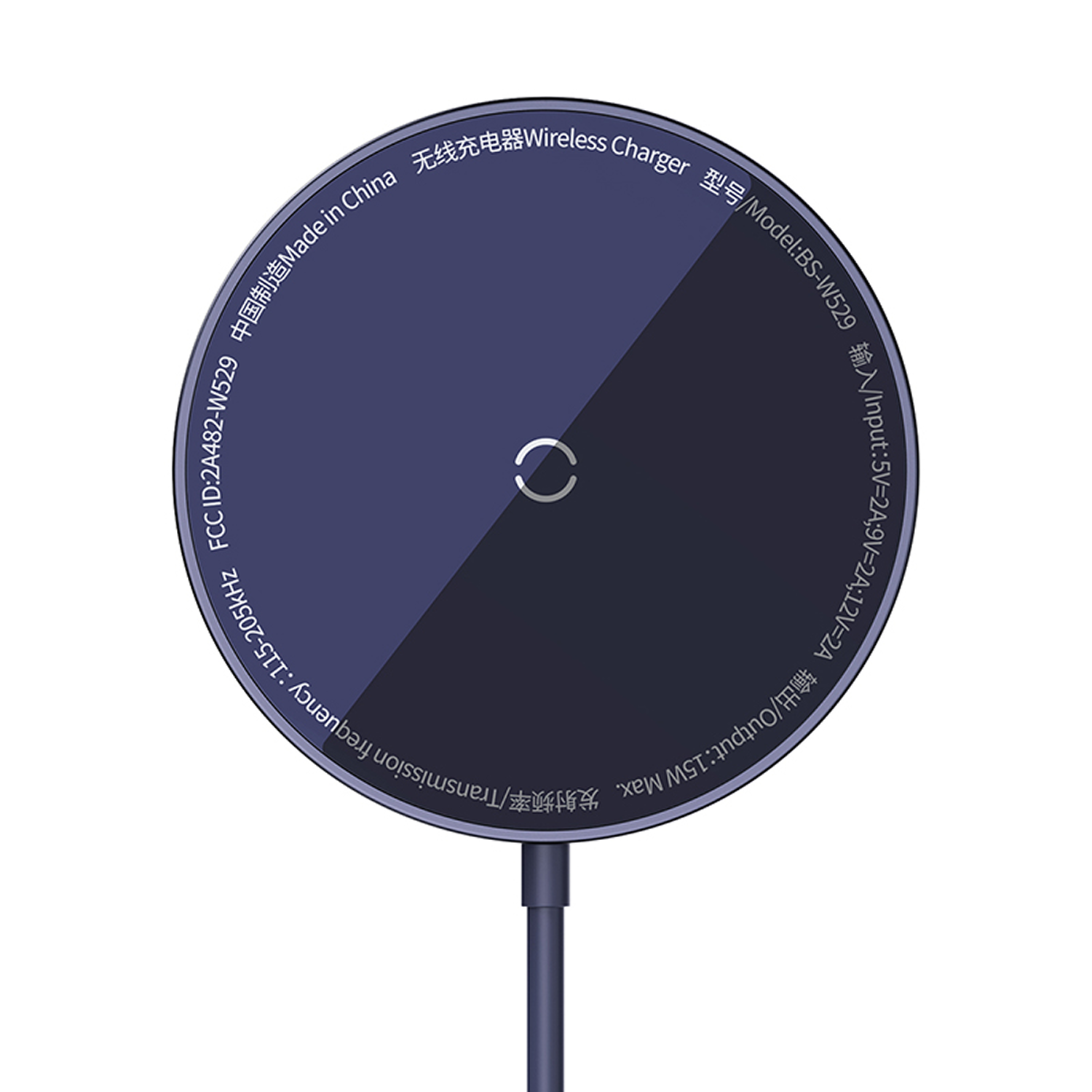 Un cargador inalámbrico azul oscuro con texto en inglés y chino. Tiene un indicador de carga y un cable.