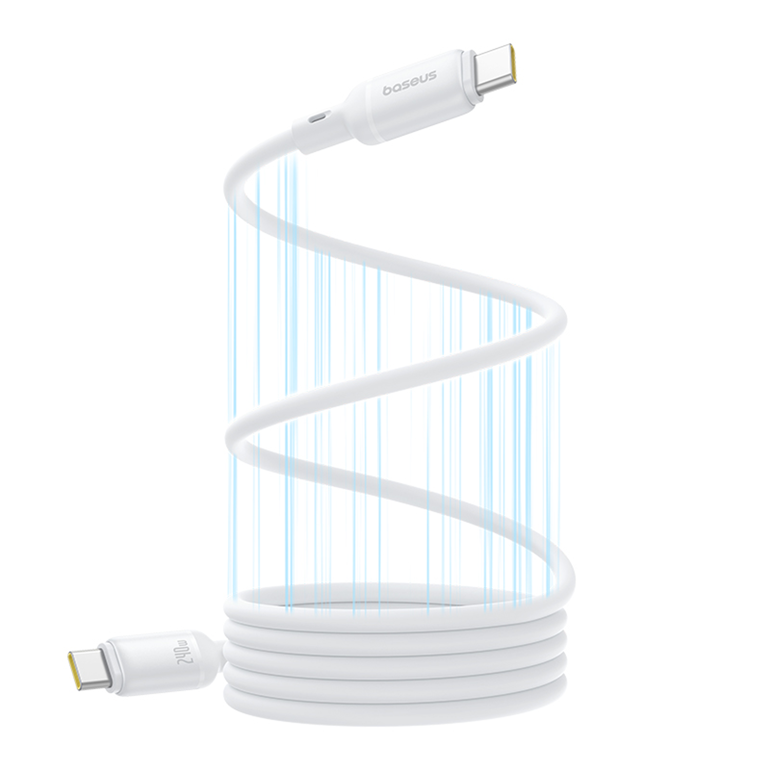 Un cable USB-C blanco Baseus está enrollado. El conector superior está suspendido, el inferior está en la bobina. Líneas azules conectan ambos.