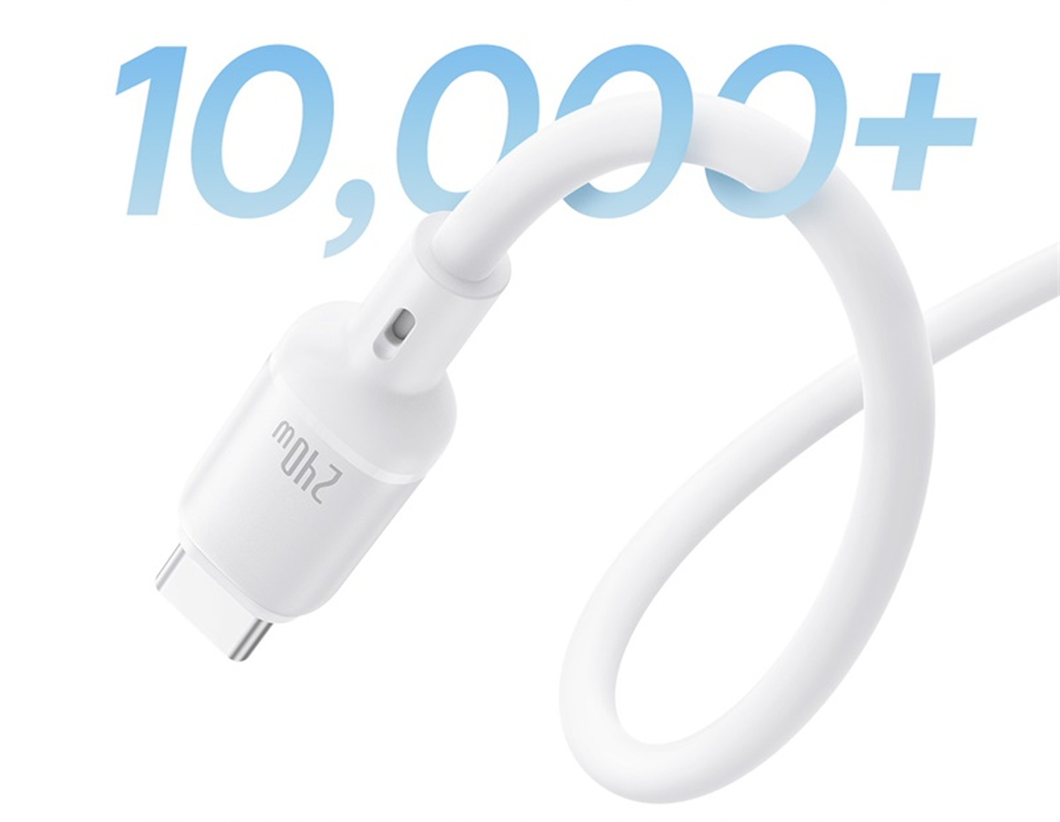 Un cable USB-C blanco está rizado y doblado. El texto '10,000+' está arriba a la izquierda, y '240W' en el cabezal del cable.