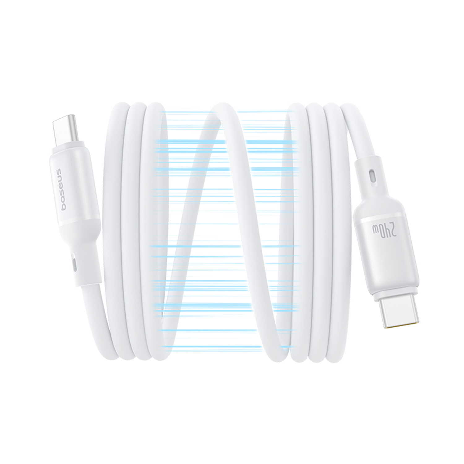 Un cable de carga USB-C blanco Baseus, enrollado. Conectores en ambos extremos. Líneas azules representan la transferencia de datos.