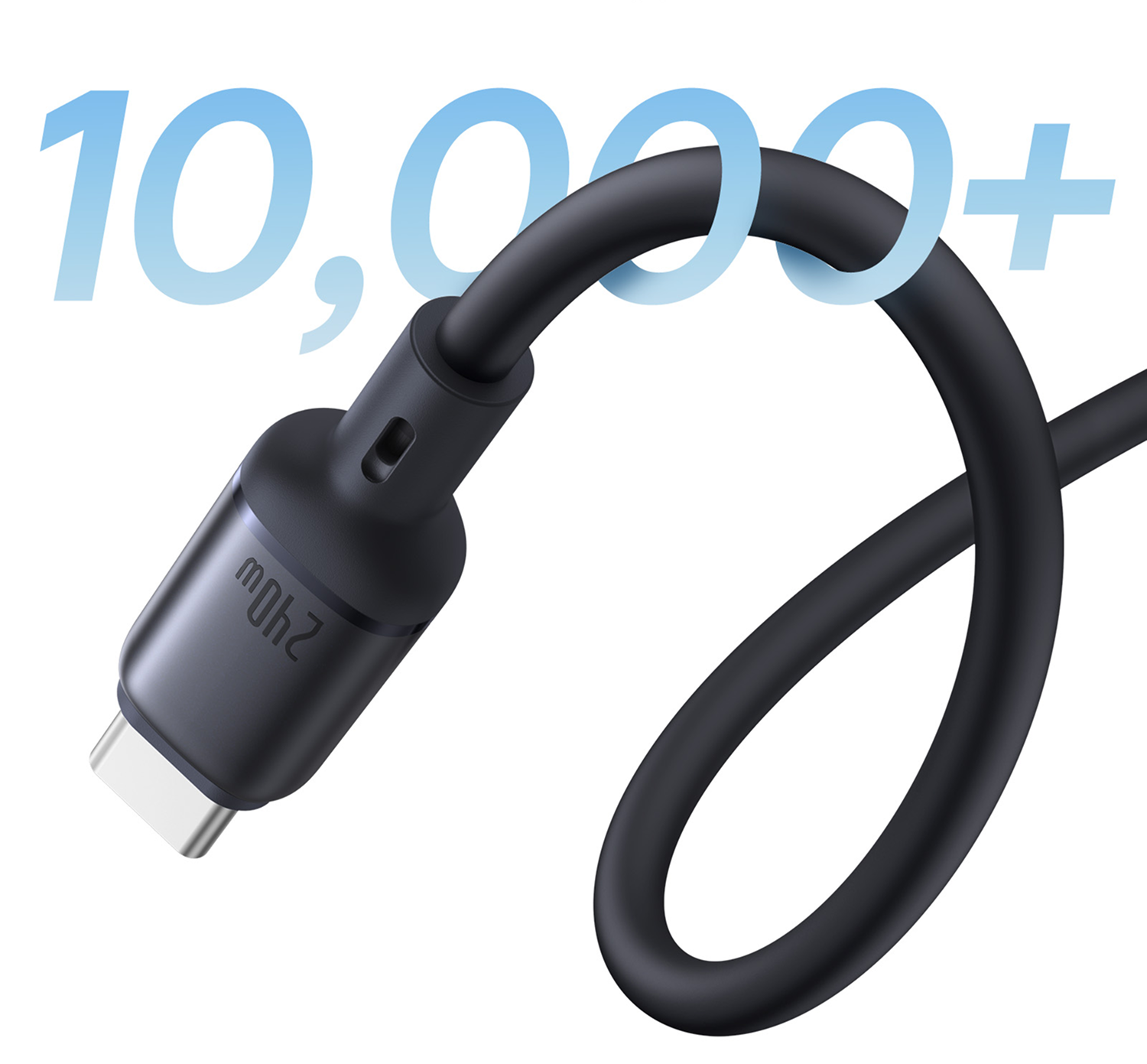 Un cable USB-C negro con punta plateada se muestra, con el texto '10.000+' en azul sobre un fondo blanco.