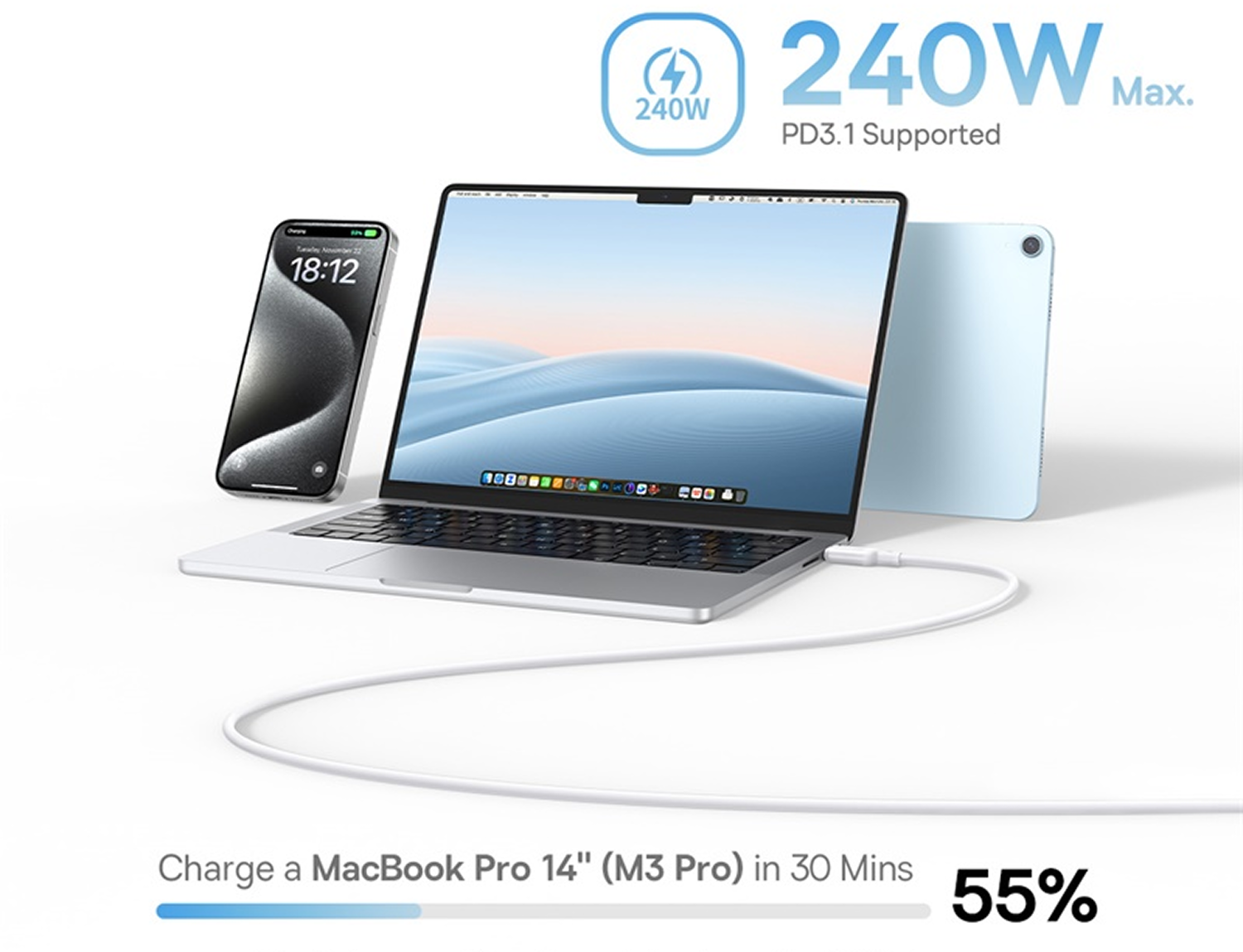 Se muestra una computadora portátil, un teléfono y una tableta. Un cable de carga está conectado a la computadora portátil. La pantalla muestra un 55% de carga en 30 minutos.