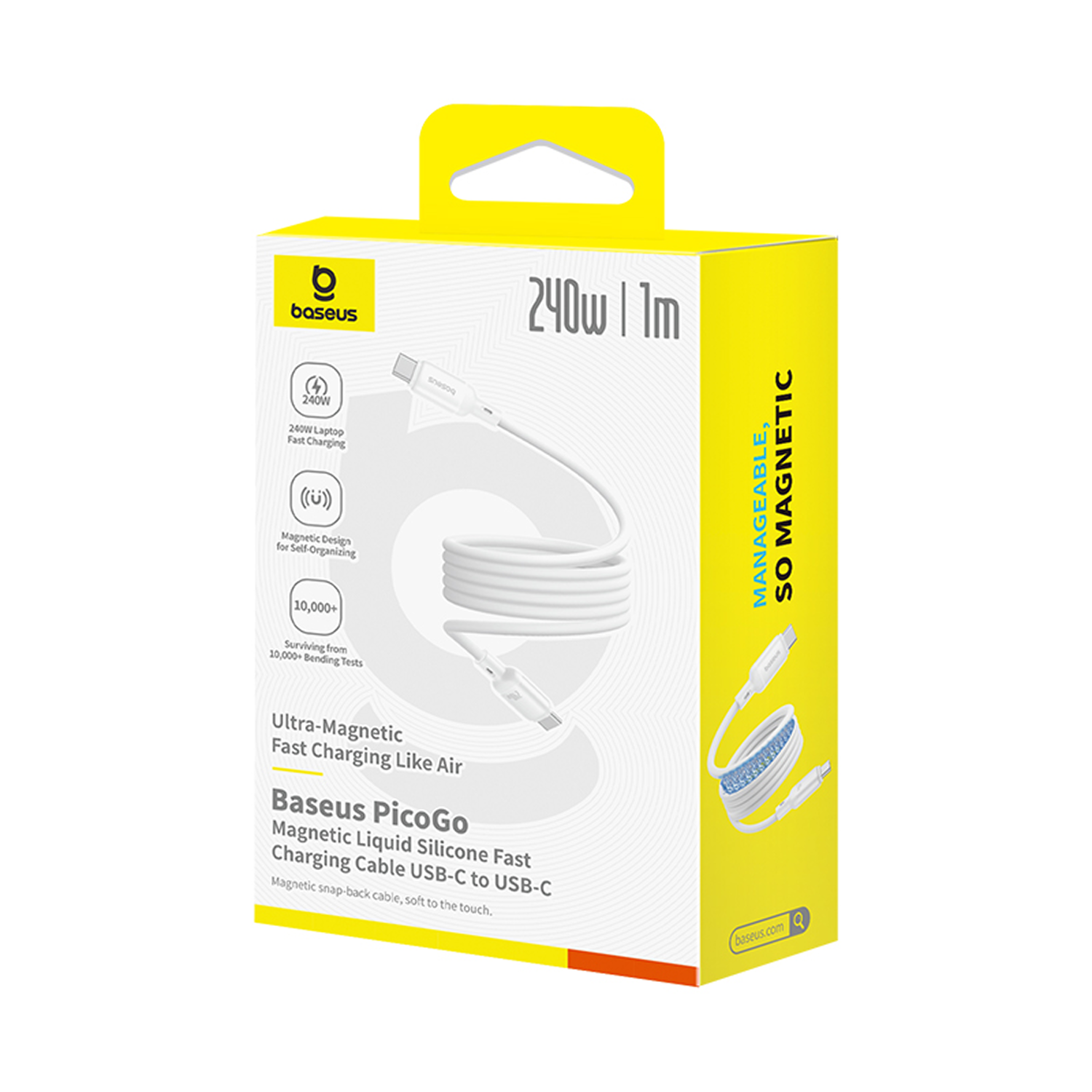 Caja de cable de carga Baseus PicoGo. El empaque amarillo y blanco muestra el cable, las características y el logotipo de la marca. El cable es blanco.