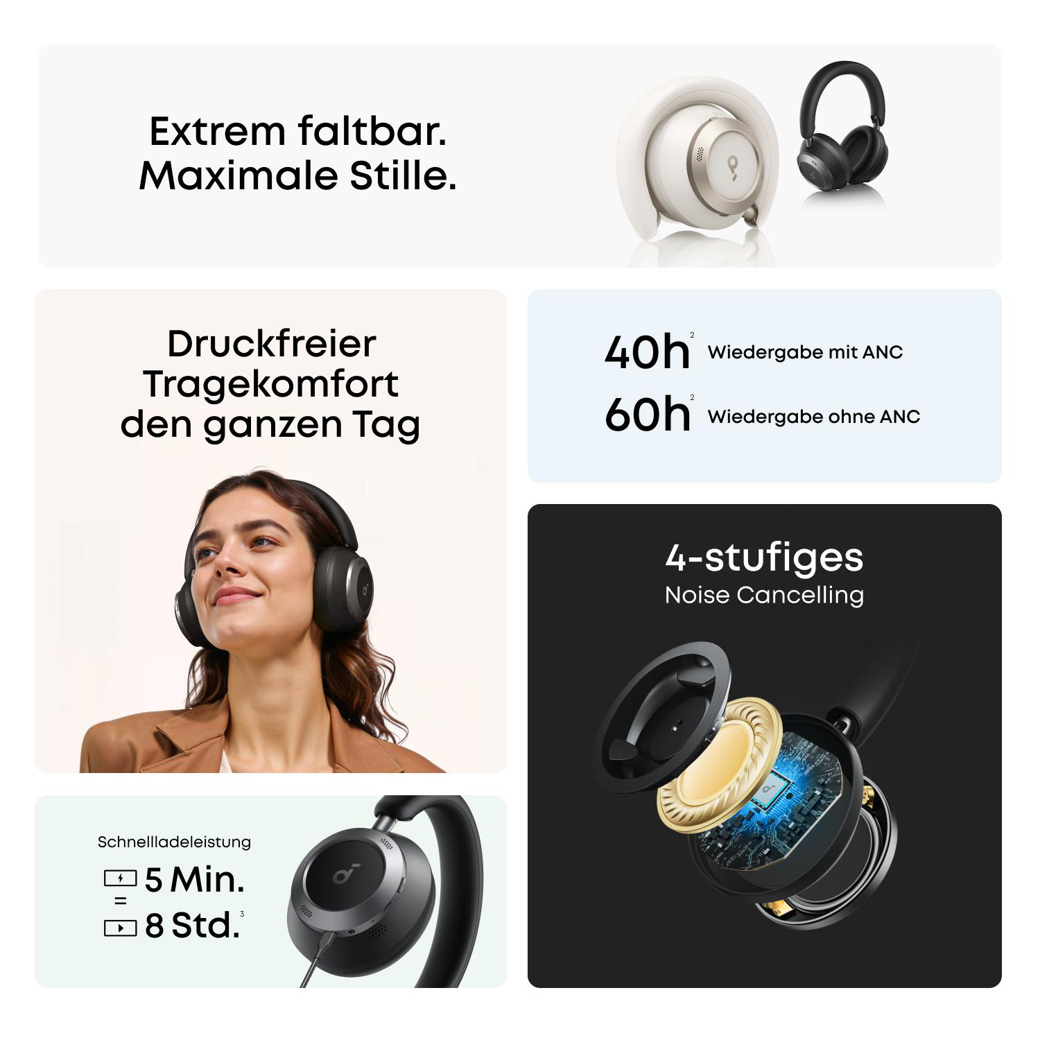 Das Bild zeigt Kopfhörer-Funktionen: faltbar, Geräuschunterdrückung, lange Akkulaufzeit und Schnellladung. Eine Frau trägt ein Paar.