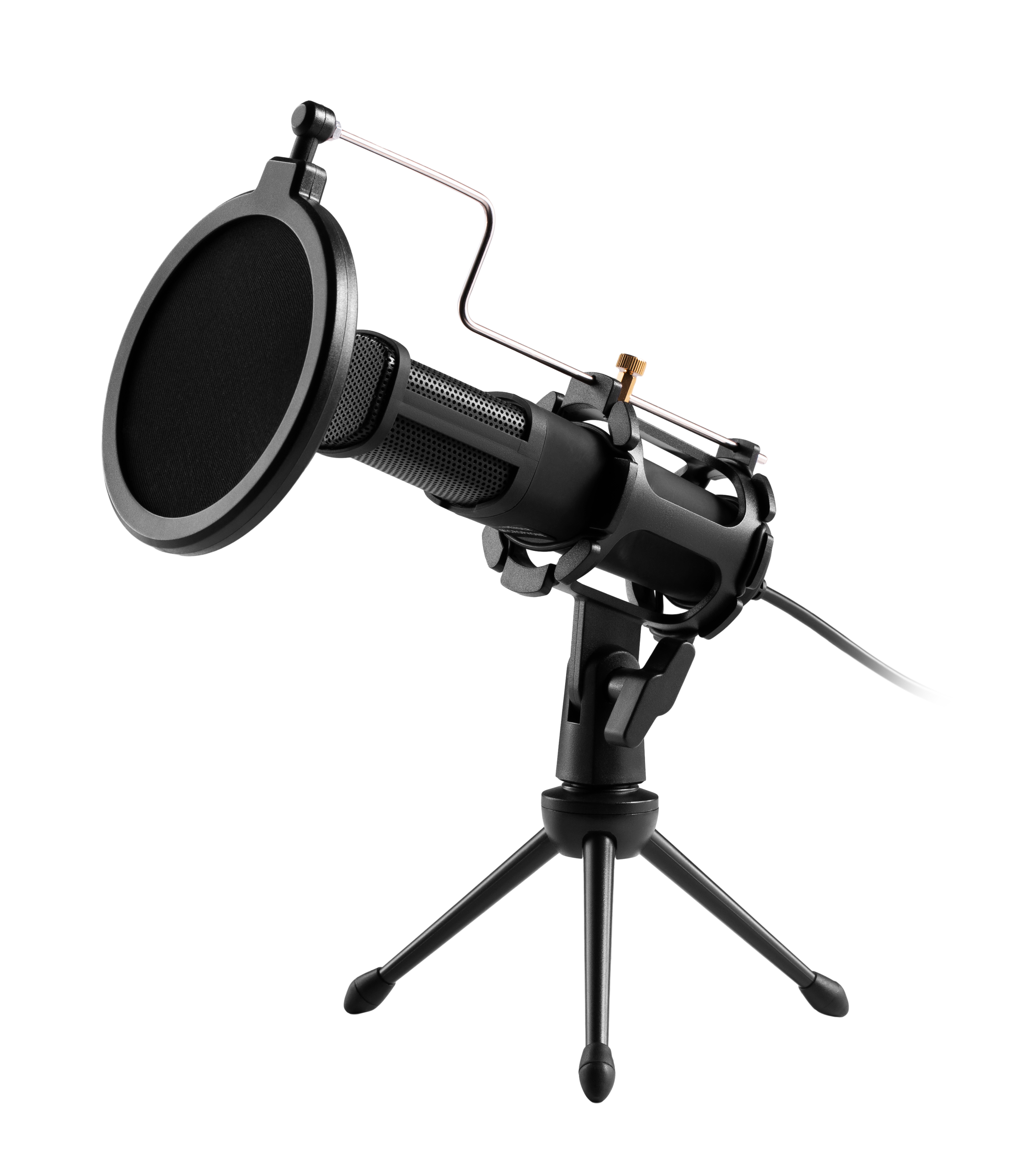 Czarny mikrofon z filtrem pop na statywie, odizolowany na białym tle.