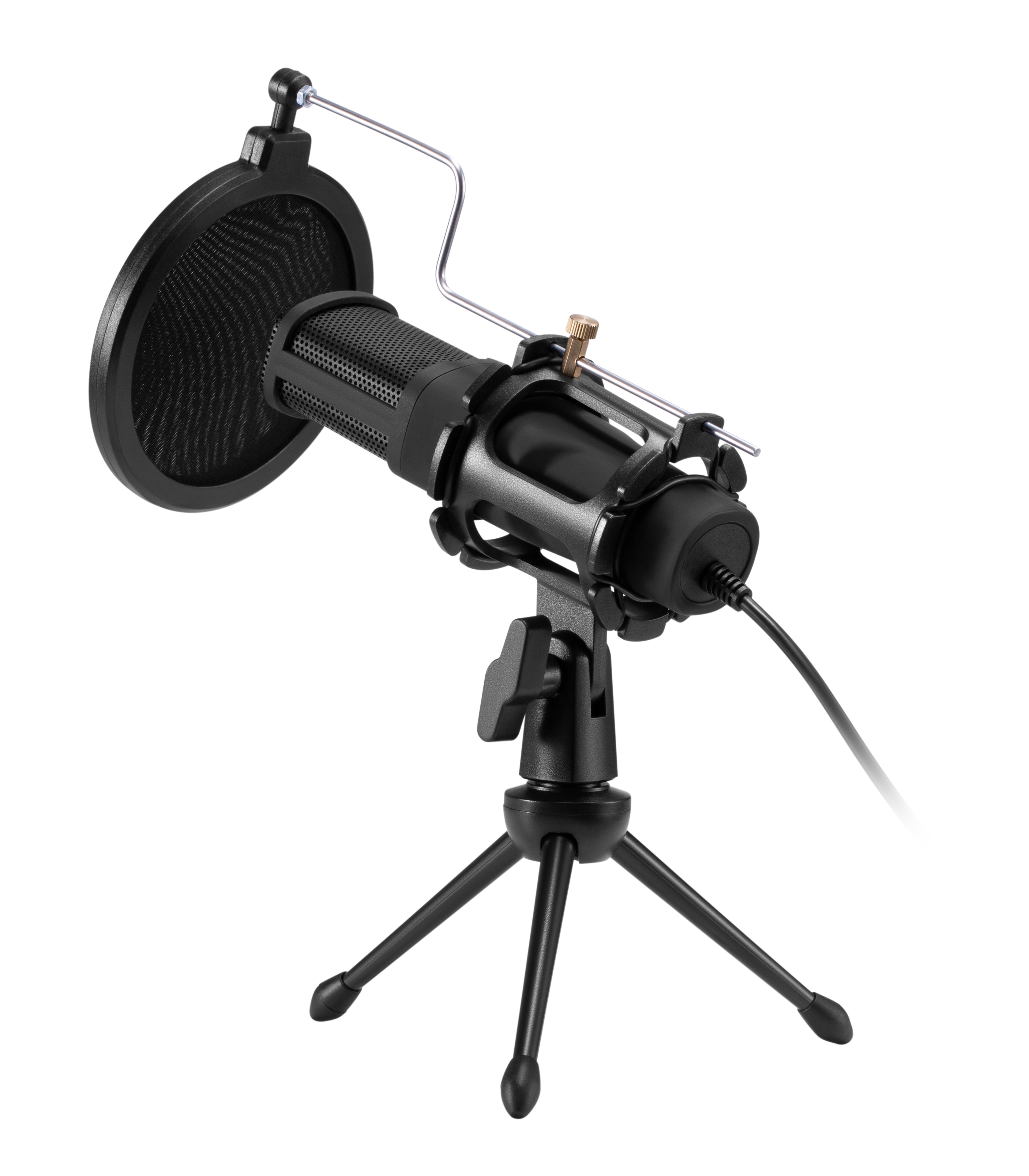 Czarny mikrofon z filtrem pop stoi na małym czarnym statywie. Czarny kabel wychodzi z mikrofonu.