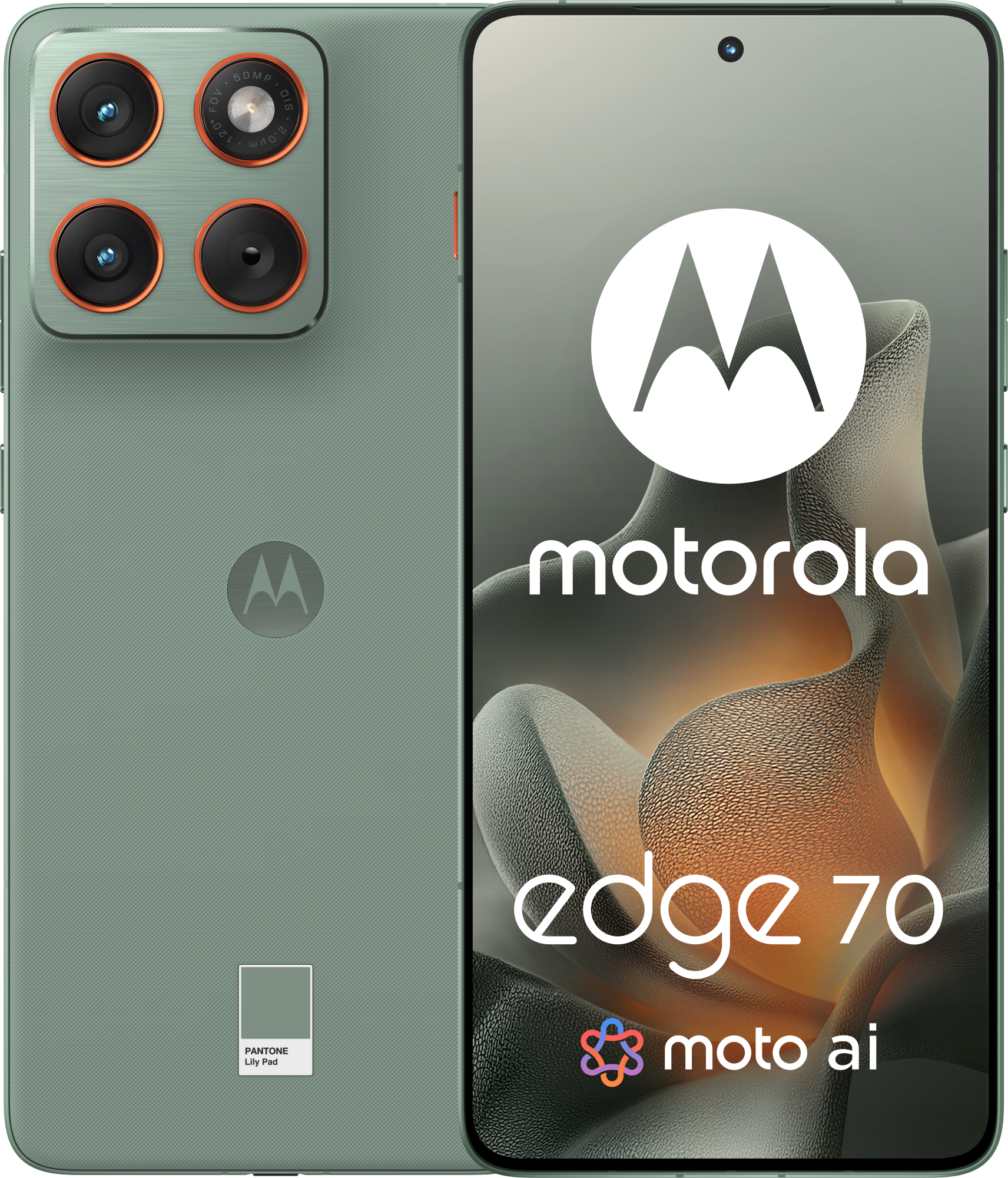 Telefon Motorola Edge 70 w kolorze Lily Pad. Posiada kamery, logo i 'moto ai'. Ekran z abstrakcyjnym tłem.