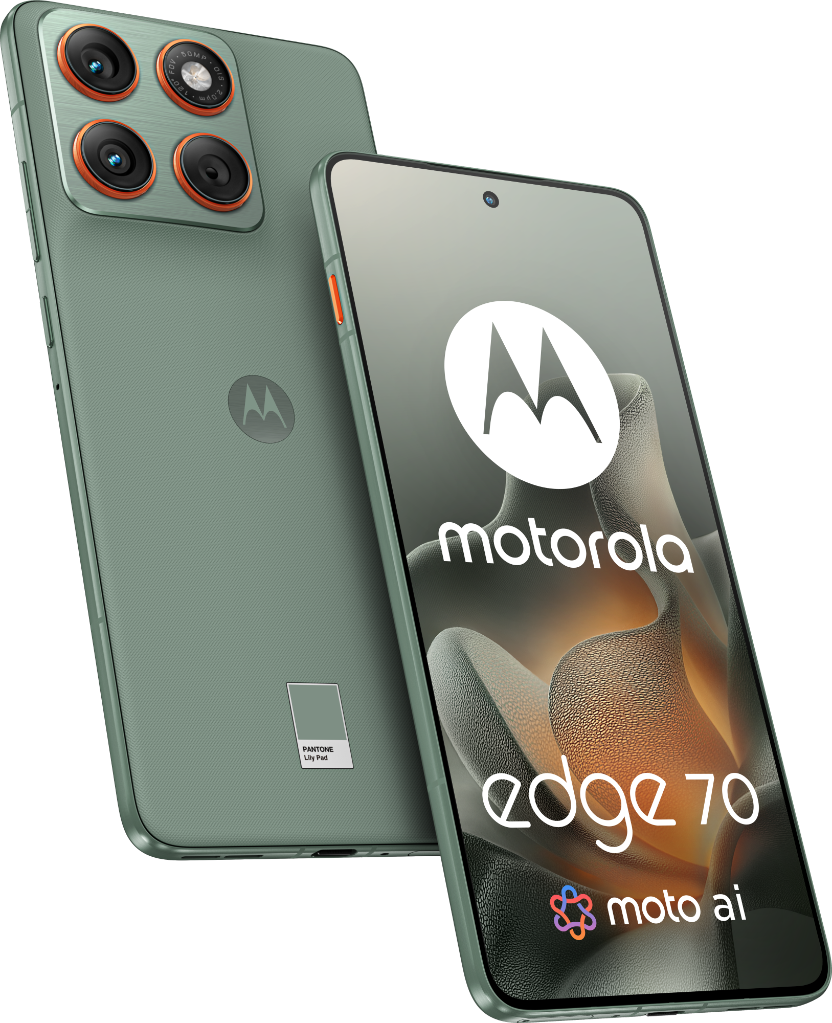 Telefon Motorola Edge 70 w kolorze zielonym, z pomarańczowymi pierścieniami aparatu i logo Motorola na ekranie.
