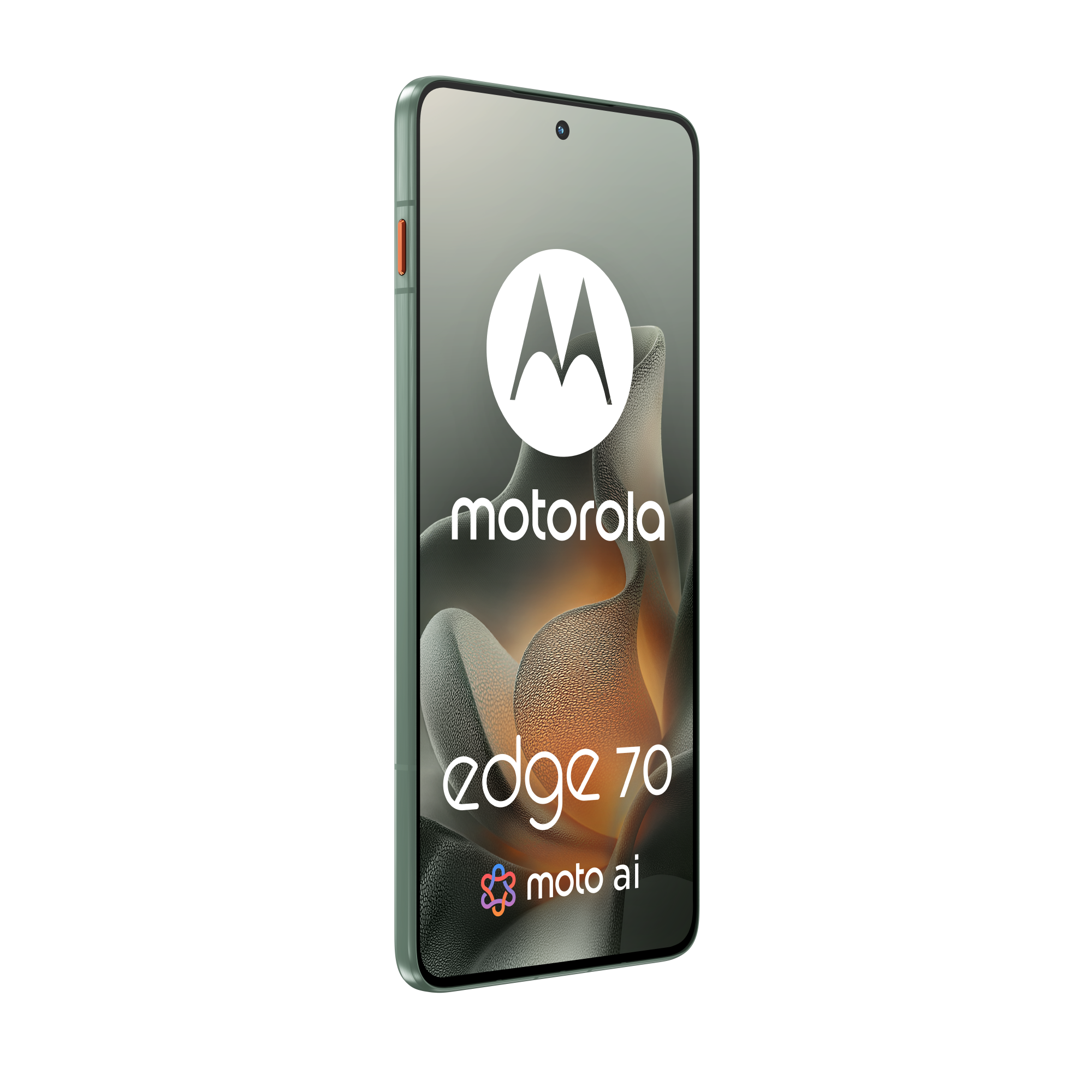 Telefon Motorola Edge 70 na czarnym tle. Logo Motorola widoczne. Telefon jest zielony z pomarańczowym przyciskiem.
