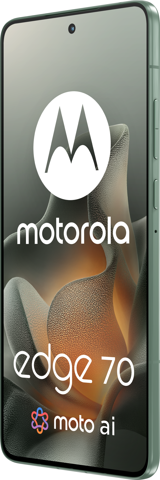 Telefon Motorola Edge 70. Białe logo, abstrakcyjne tło i logo moto ai na ekranie. Telefon jest zielony.
