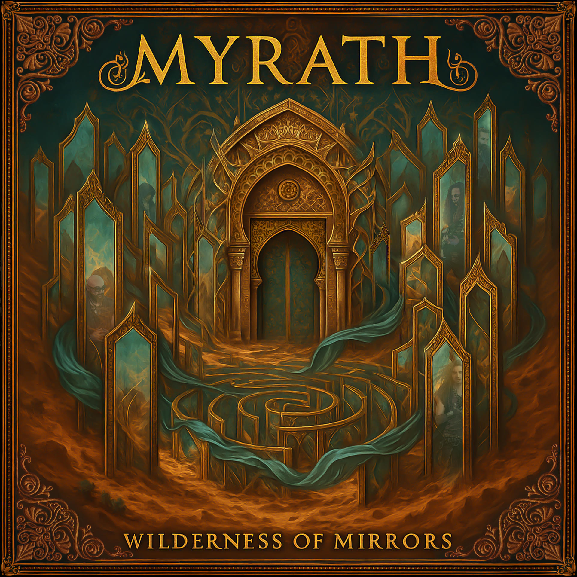 Albumcover: Goldenes Bogentor, Spiegel mit Personen, türkisfarbener Stoff, Labyrinth und goldener Text 'MYRATH' und 'Wilderness of Mirrors'.