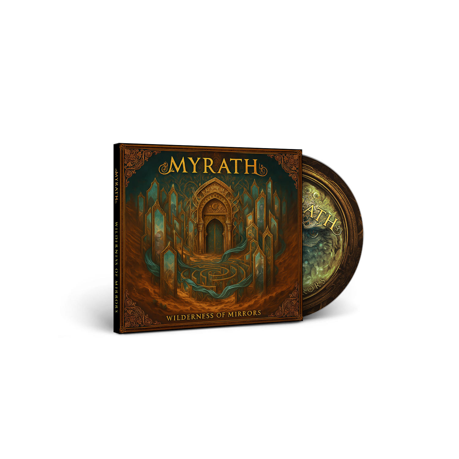 CD-Cover-Art für "Wilderness of Mirrors" von Myrath. Es zeigt eine Fantasy-Szene mit einem zentralen Tor, tealfarbenen Akzenten und aufwändigem Design.