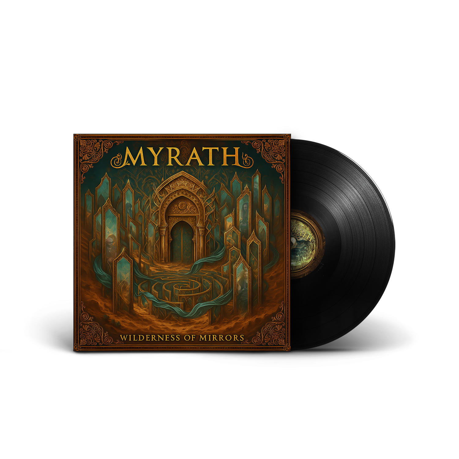 Albumcover: braune, grüne Fantasieszene. Vinyl-Schallplatte rechts. Text: 'Myrath' und 'Wilderness of Mirrors'.