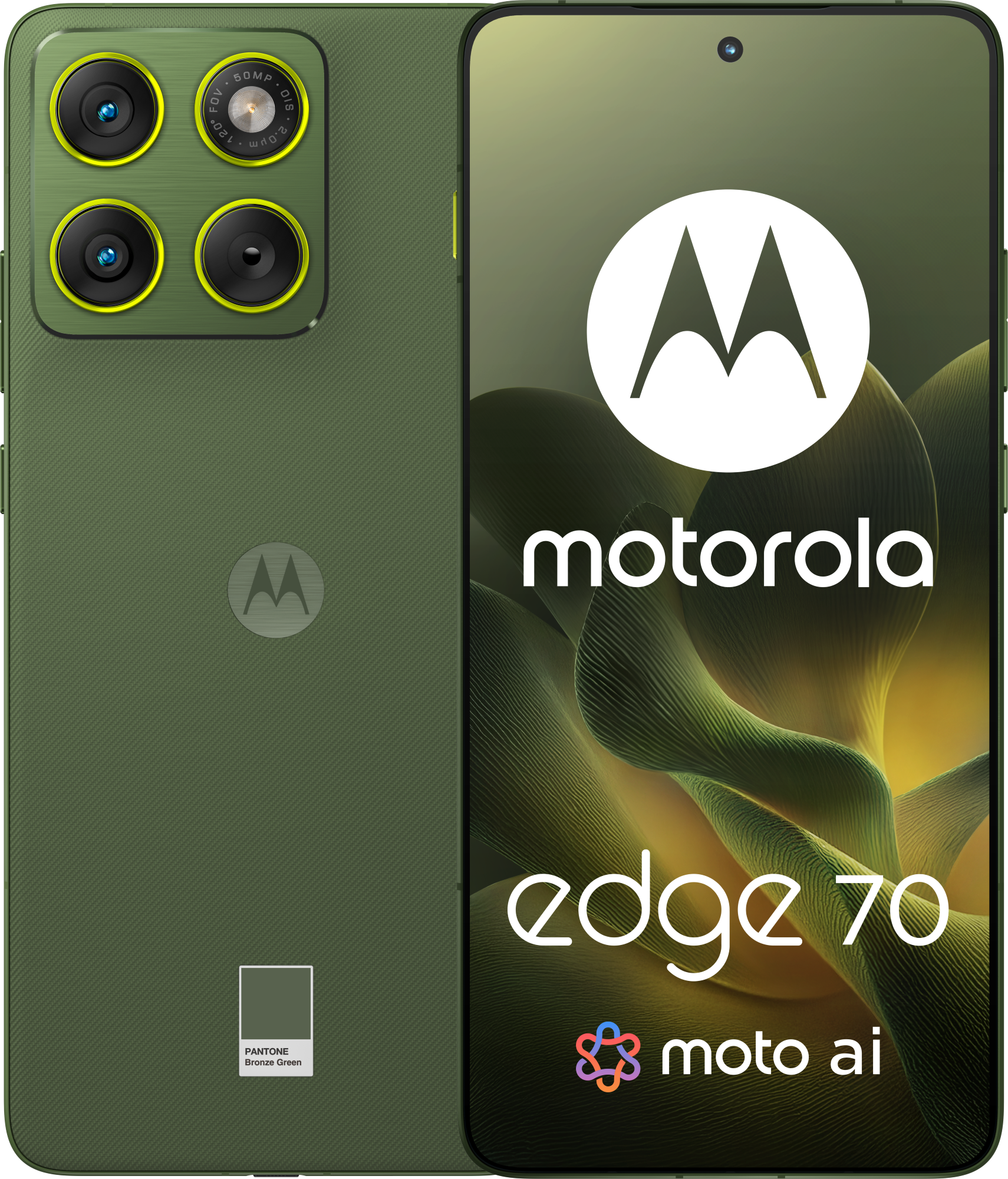 Telefon Motorola Edge 70 w kolorze brązu. Posiada wiele aparatów, logo Motorola i teksturowany tył.