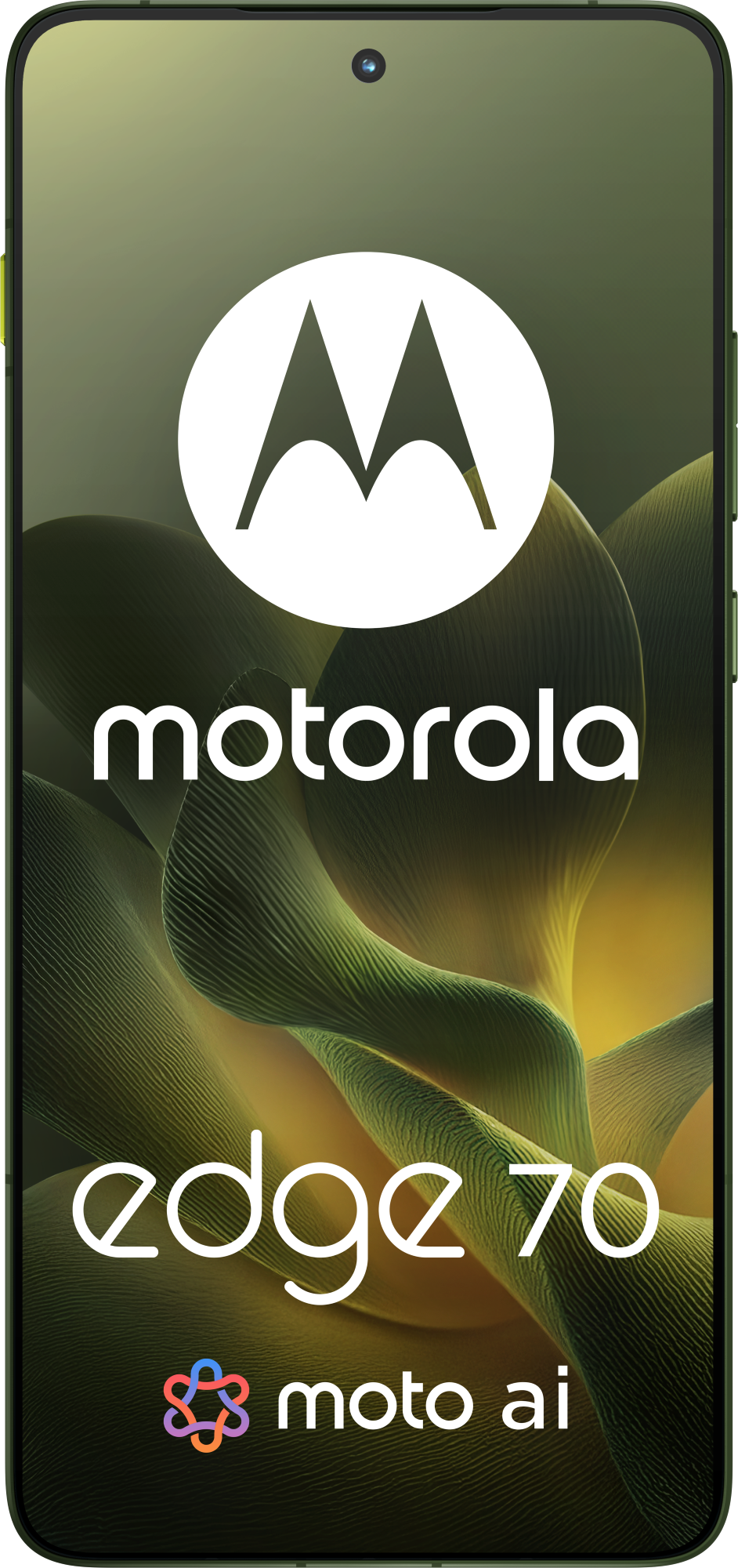 Ekran telefonu Motorola Edge 70 wyświetla logo i tekst. Tło ma zielony i żółty abstrakcyjny wzór.