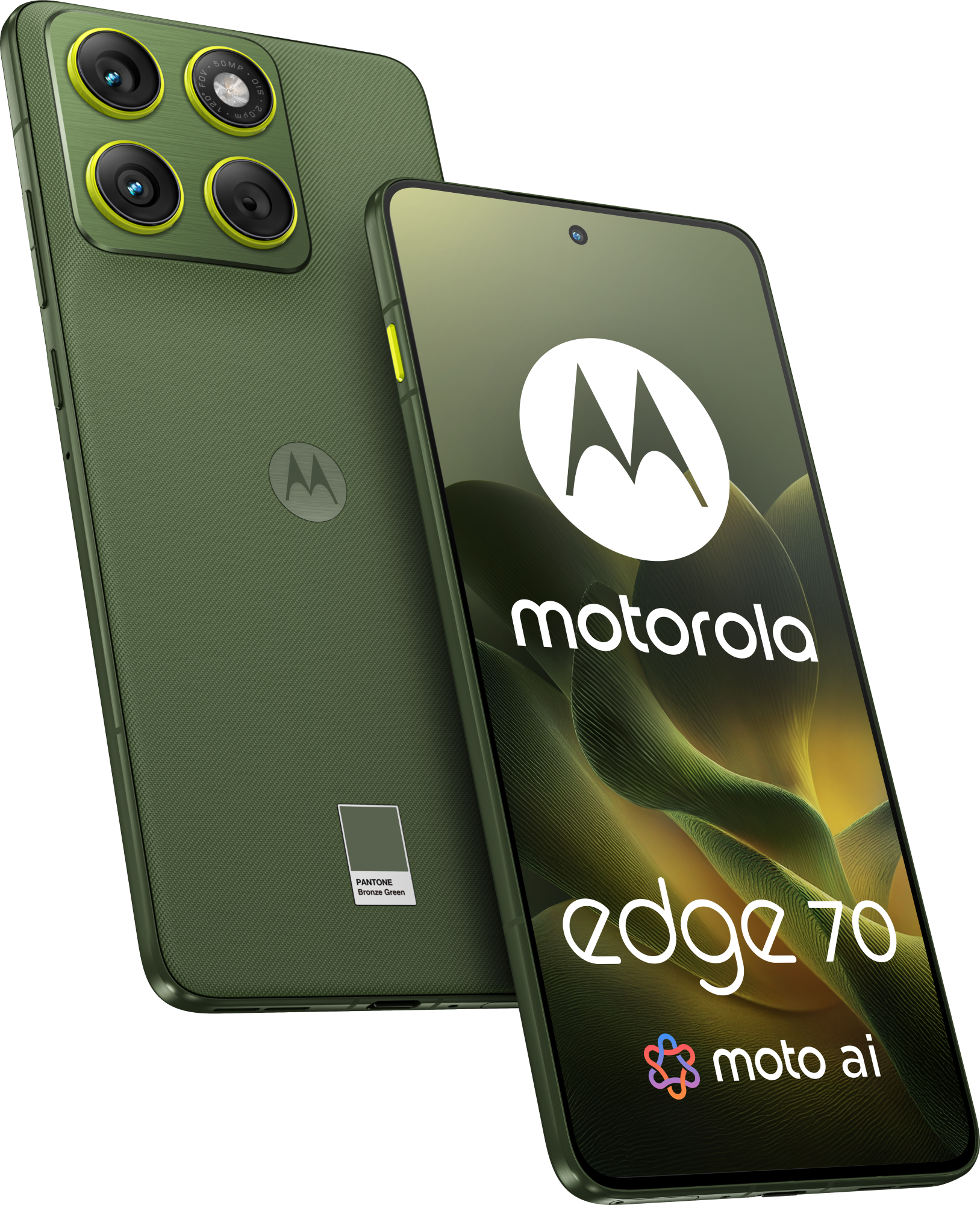 Dwa zielone telefony Motorola Edge 70. Jeden pokazuje logo Motorola, tekst edge 70 i moto ai. Drugi pokazuje kamery.