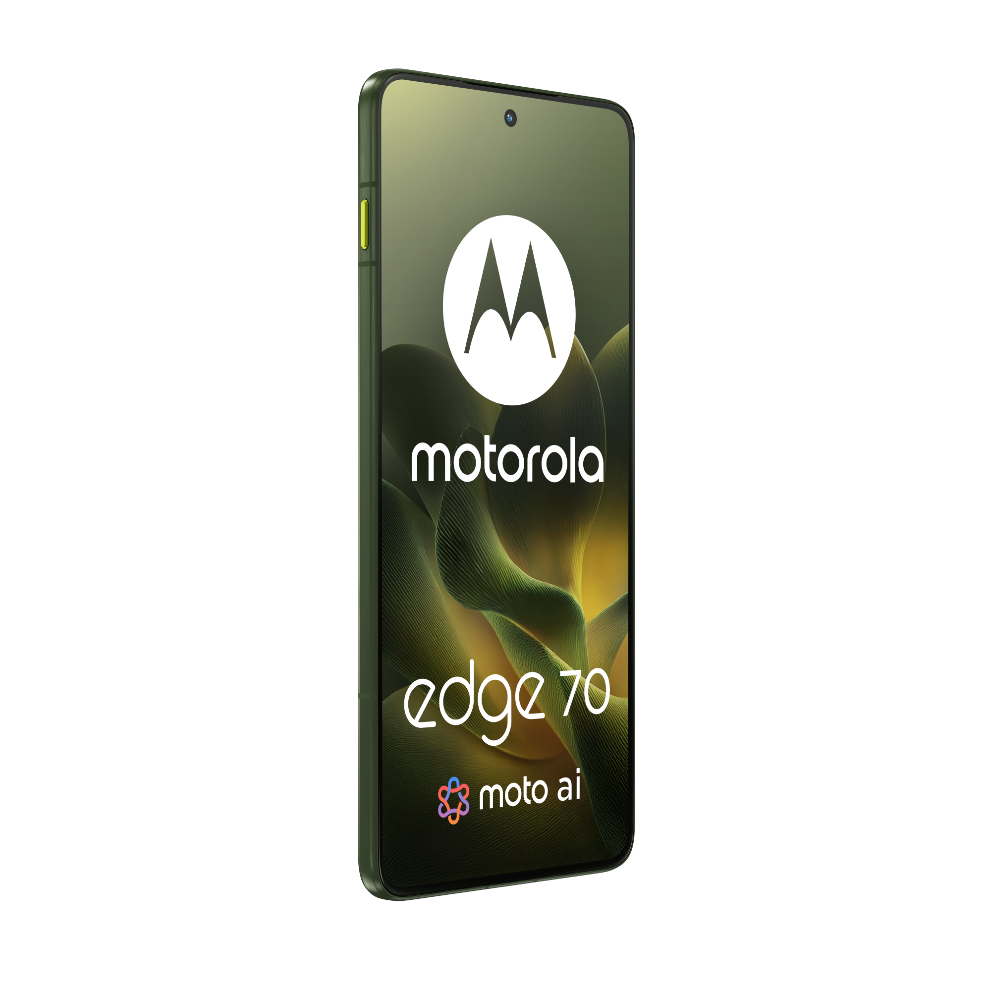 Telefon Motorola Edge 70 na czarnym tle. Białe logo i tekst Motorola. Zielony telefon z zielonym i żółtym ekranem.
