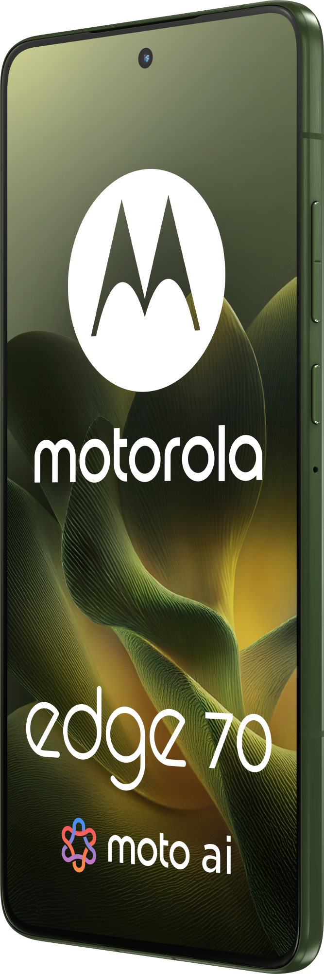 Telefon Motorola Edge 70 z logo. Zielony telefon na zielonym tle. Tekst: motorola, edge 70, moto ai.