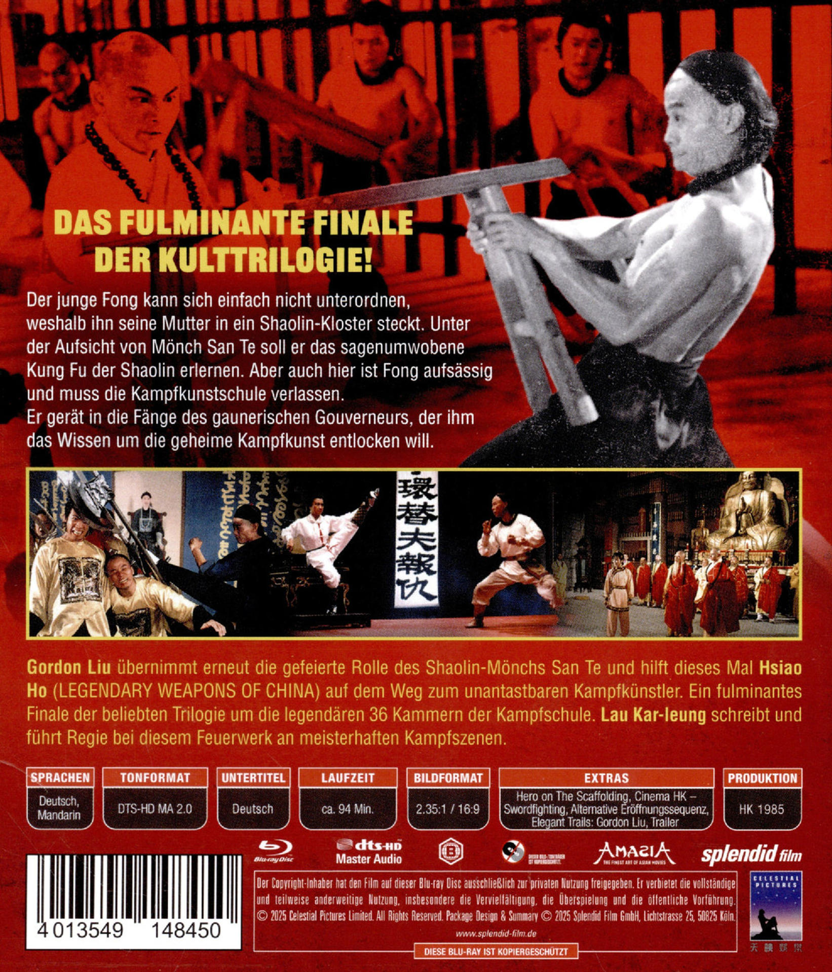 Poster für einen Kampfsportfilm. Ein Mann hält eine Waffe, andere Männer im Hintergrund. Text auf Deutsch sichtbar.