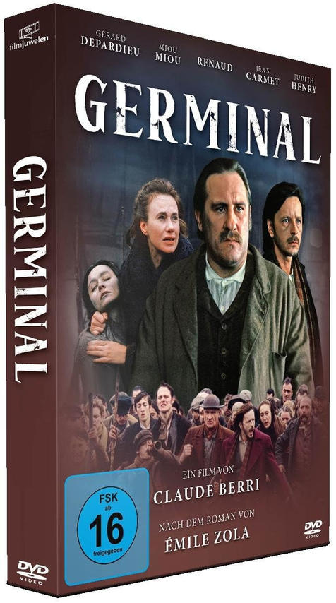 DVD-Cover für Germinal. Es zeigt Schauspieler und eine Menge. Der Titel ist groß und weiß. Es basiert auf einem Roman von Émile Zola.