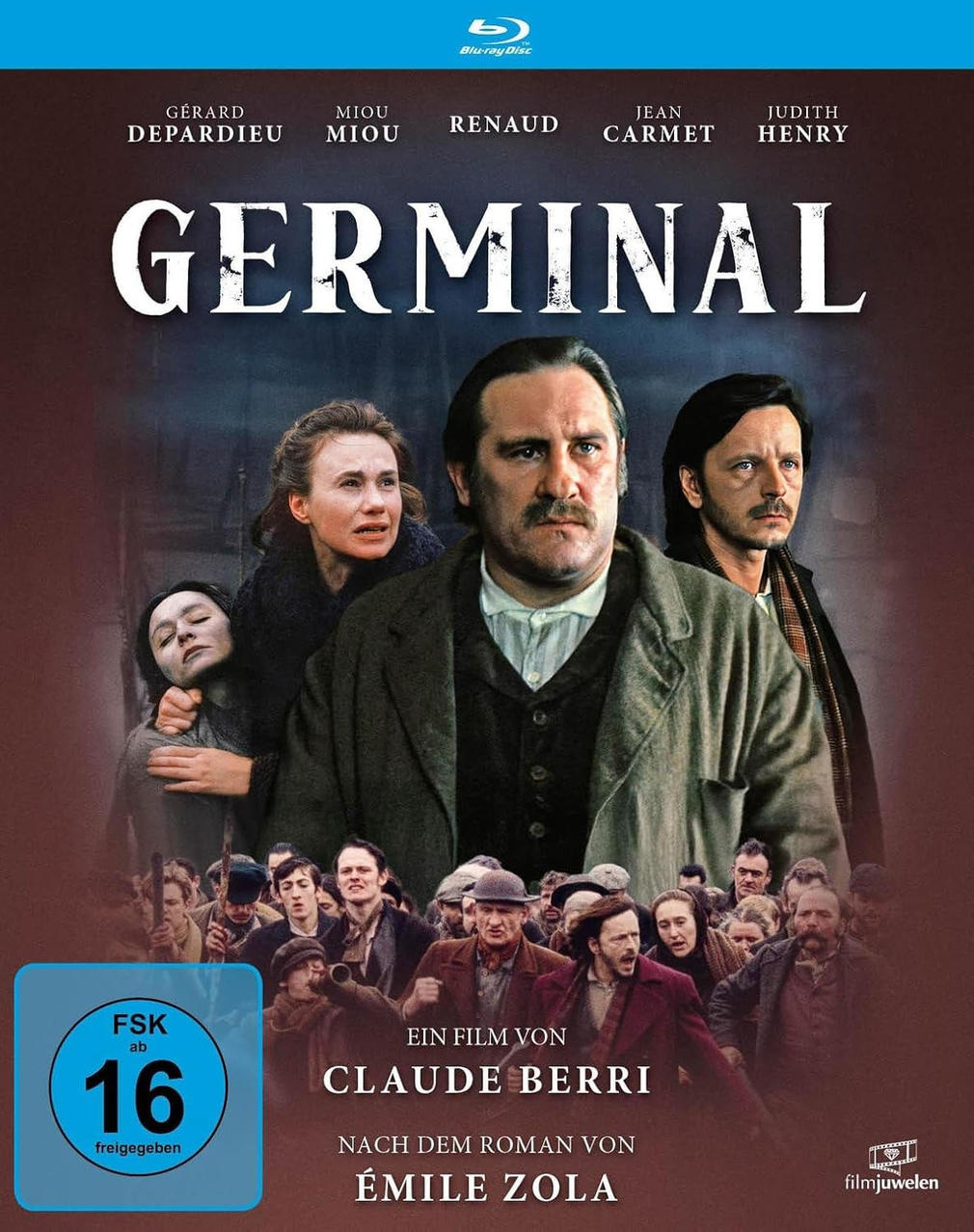 Filmposter für Germinal. Zeigt Schauspieler und den Titel in Großbuchstaben, mit einer Menschenmenge und einem Blu-ray Disc Logo.