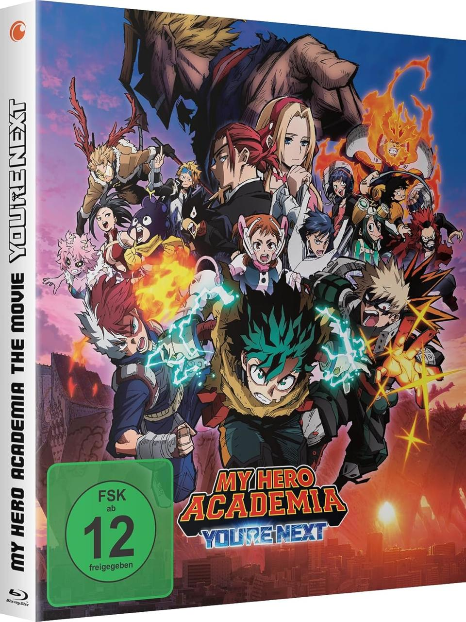 Anime-Filmcover. Viele Charaktere mit Kräften. Grüner Junge vorne, Explosionen und ein Logo.