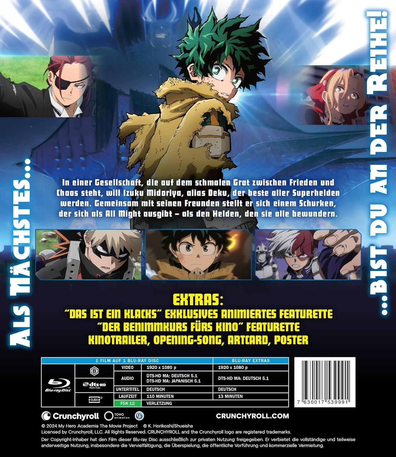 Blu-ray-Cover mit Anime-Charakteren. Deku ist die Hauptfigur. Text enthält Extras und Filmdetails.