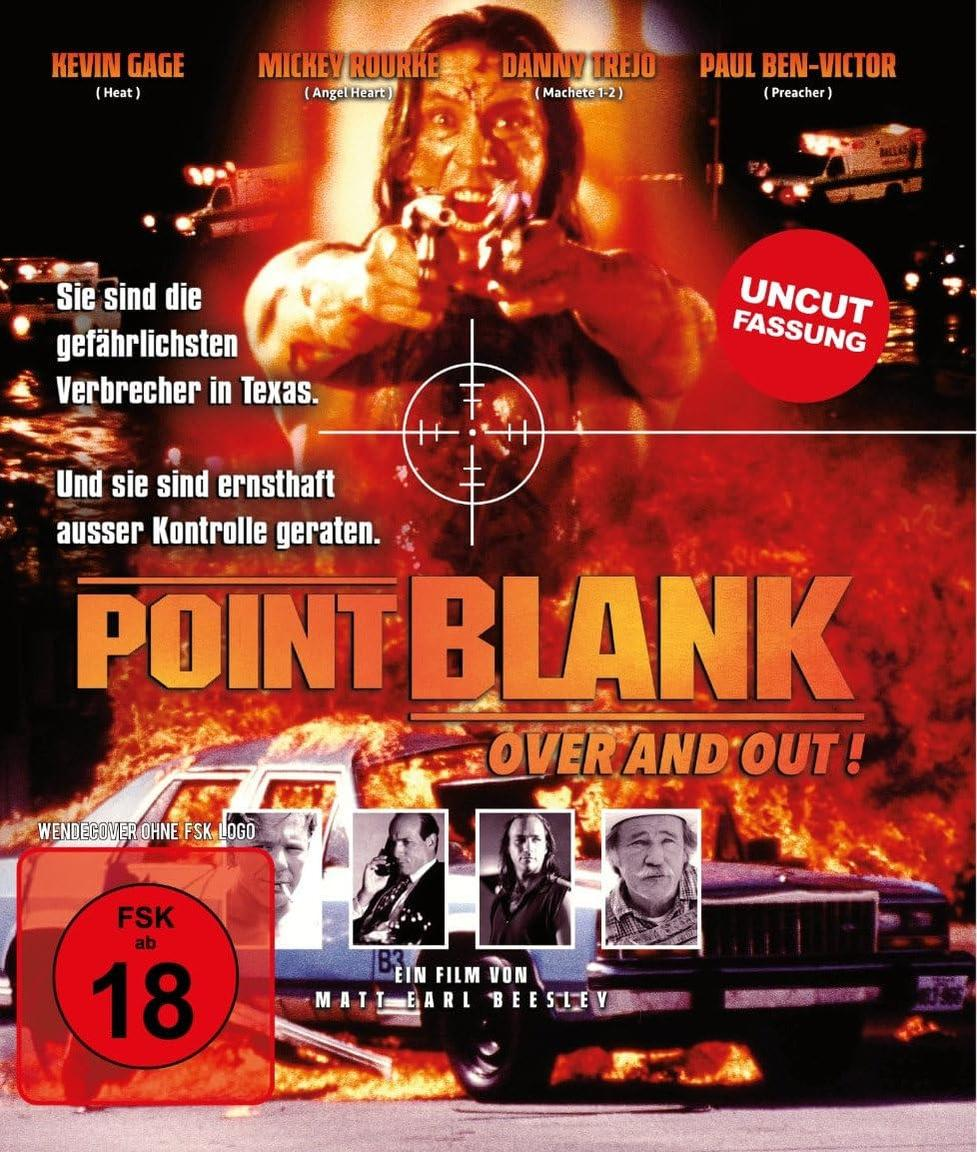 Filmposter für Point Blank. Ein Mann zielt mit einer Waffe. Text enthält Namen der Schauspieler und Filmdetails, mit FSK 18.
