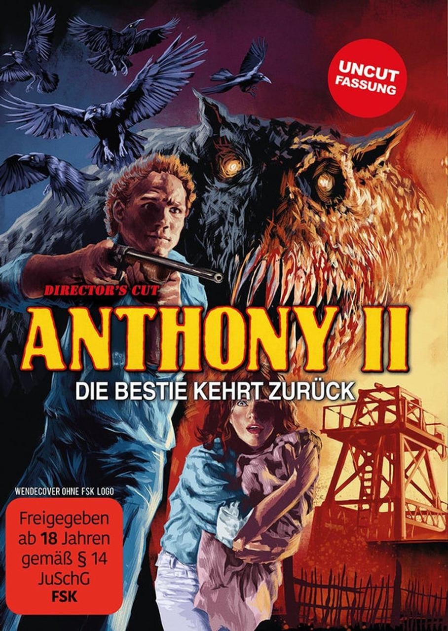Filmposter mit einem Mann, der eine Waffe zielt, einer gehaltenen Frau und einem Monster. Der Titel lautet 'Anthony II' mit Krähen am Himmel.