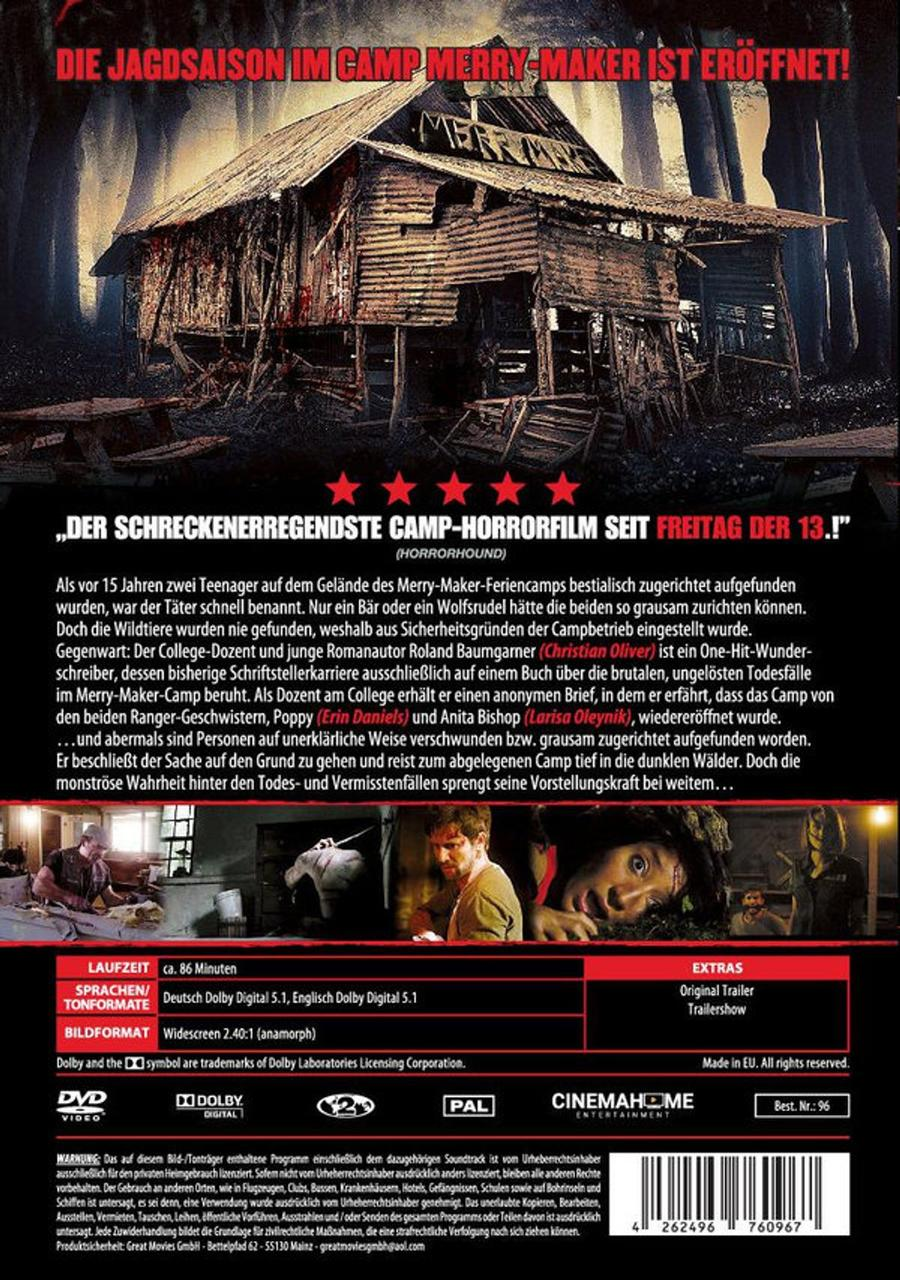 Poster für einen Horrorfilm. Es zeigt eine baufällige Holzhütte in einem Wald, mit Text über den Film.
