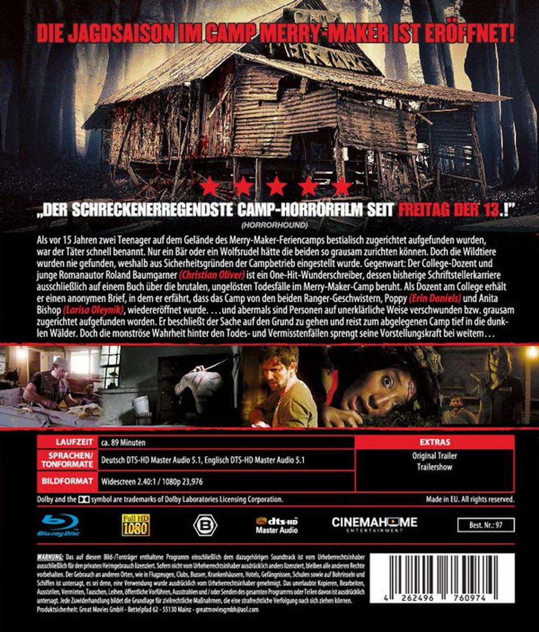 Filmcover. Ein baufälliges Holzhaus im Wald, Text in Rot und Schwarz, und ein Blu-ray Disc Logo.