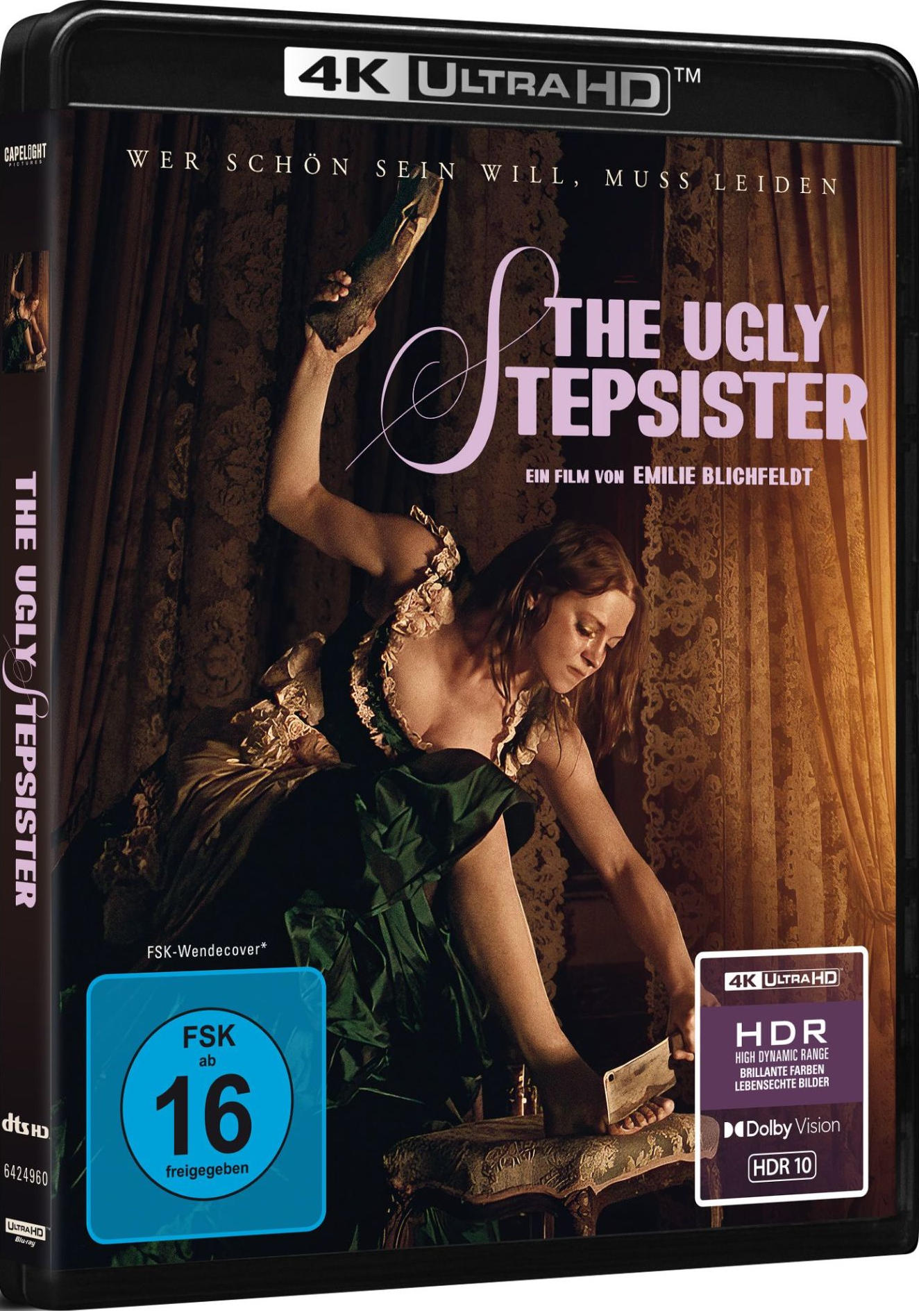 DVD-Hülle für 'The Ugly Stepsister'. Eine Frau in einem grünen Kleid hält ein Holzobjekt. Text enthält Titel und Bewertungen.