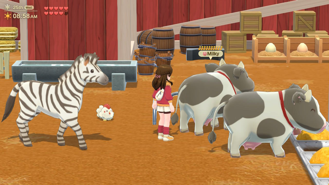 Eine Farm mit einem Zebra, Kühen, einem Huhn und einer Person. Es gibt Fässer, Kisten und Heu. Die Uhrzeit ist 8:58 Uhr.