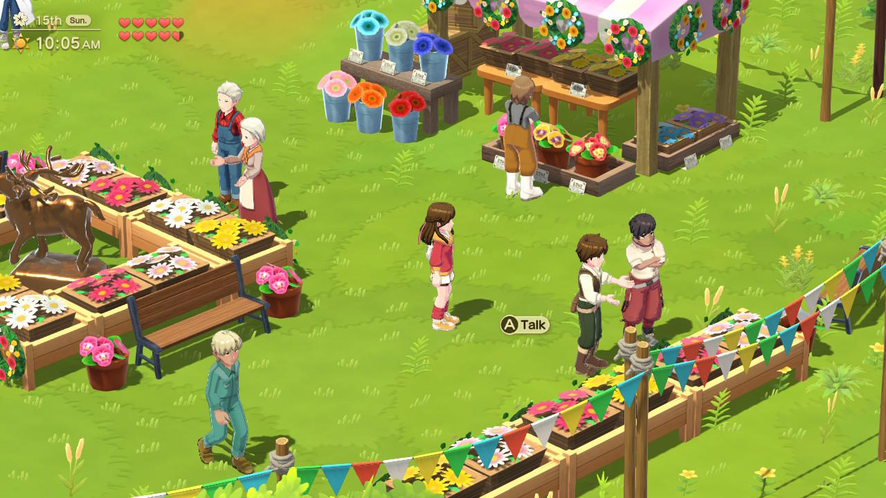Eine Spielszene mit Blumenständen, Personen und Dekorationen. Bunte Blumen in Eimern und Beeten. Charaktere unterhalten sich an einem Zaun.