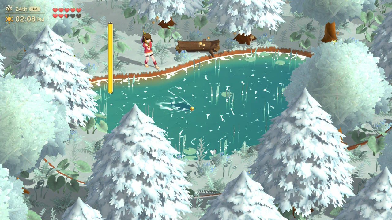 Eine Person fischt in einem verschneiten Wald. Es gibt einen See, schneebedeckte Bäume und eine Holzbank. Der Himmel ist klar.