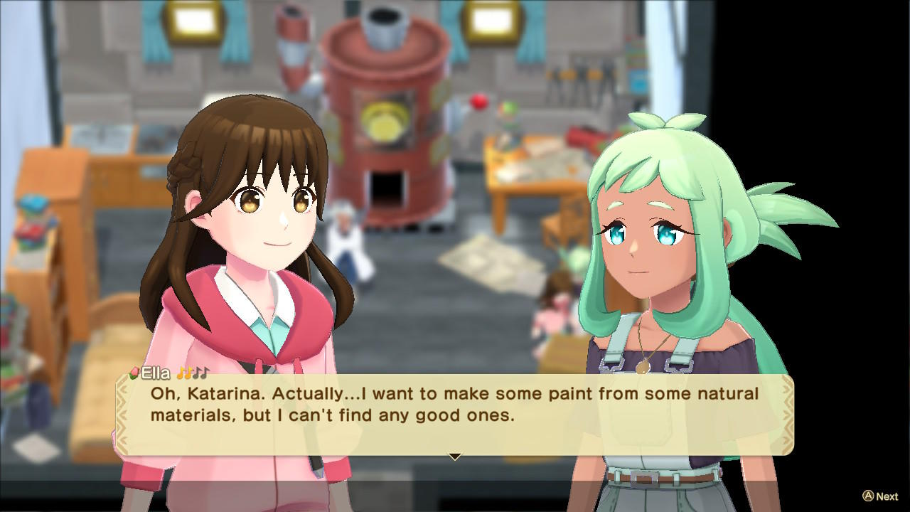 Zwei Mädchen im Anime-Stil unterhalten sich. Eine hat braune Haare und eine rosa Jacke. Die andere hat grüne Haare und ein lila Oberteil.
