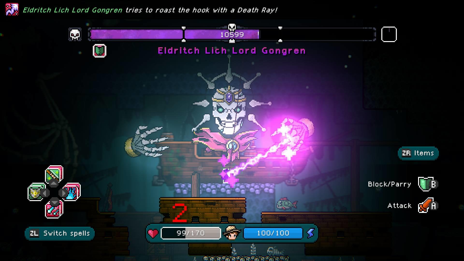 Ein Spielbildschirm zeigt einen Bosskampf. Eine skelettartige Kreatur greift mit einem rosa Energiebalken an. Die Gesundheitsanzeige ist sichtbar.