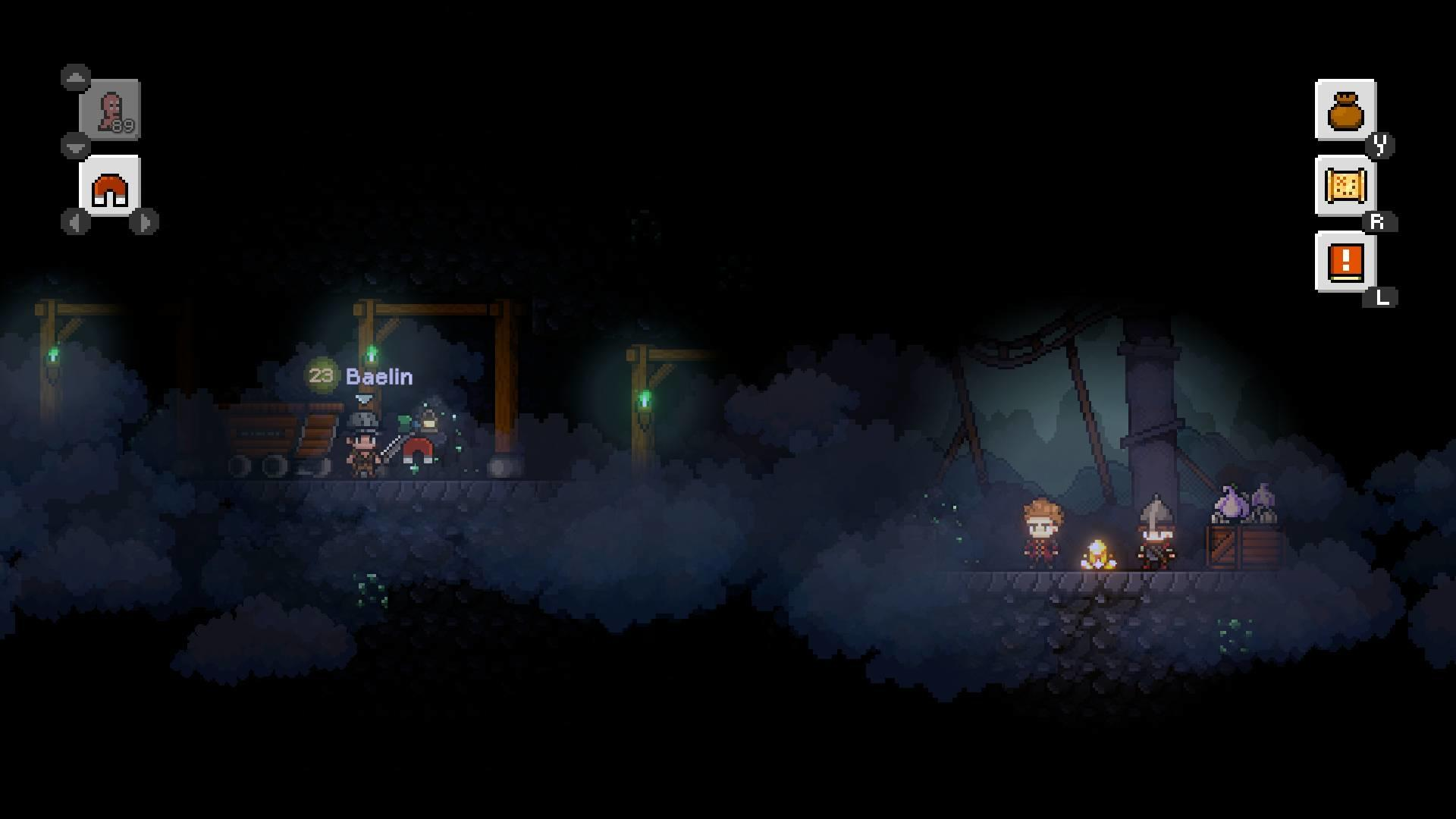 Pixelige Spielszene in einer Mine. Charaktere und Lore sind sichtbar. Dunkle Atmosphäre mit Nebel und Holzstrukturen.