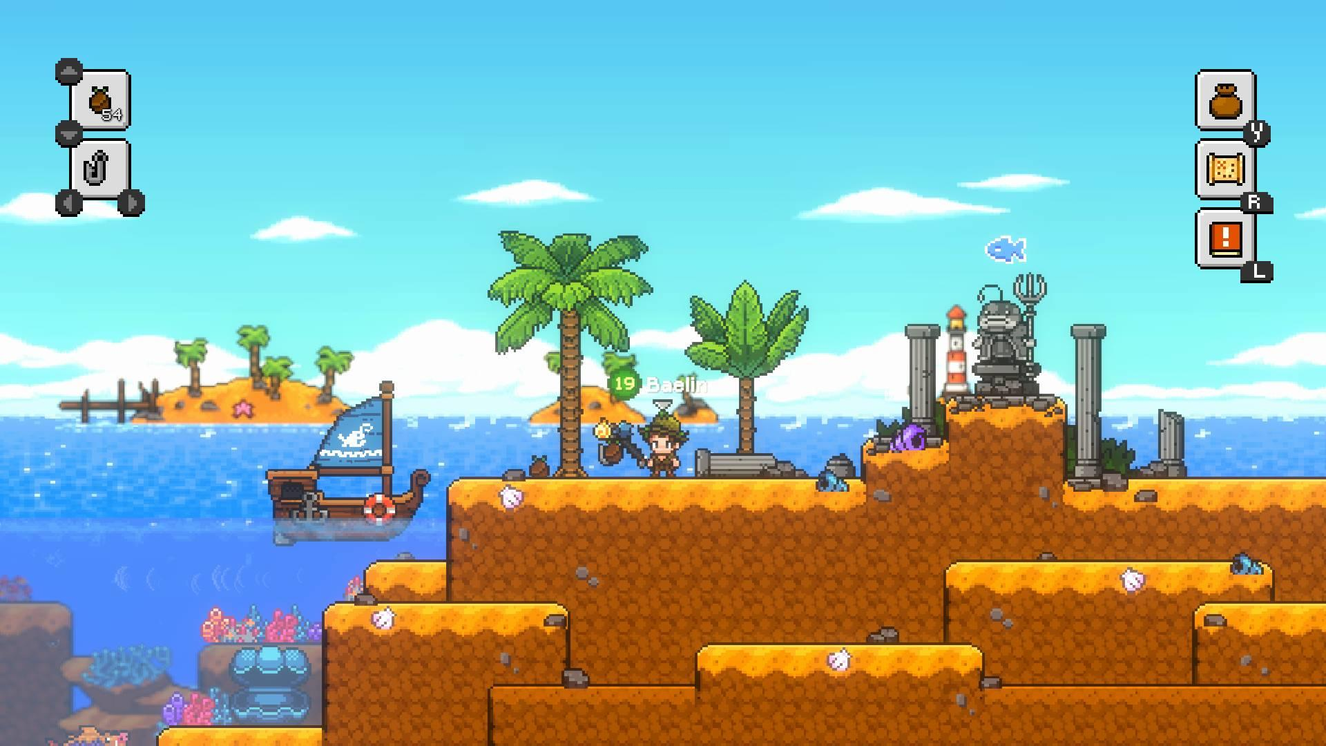 Eine pixelige Spielszene mit einem Charakter, Boot, Palmen und Strukturen auf einer braunen Klippe vor blauem Meer und Himmel.